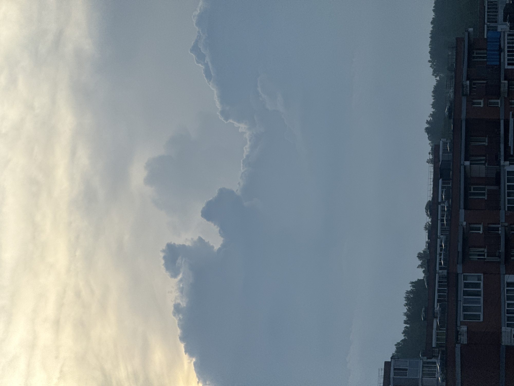 The image shows a view from a residential building in Markova, Russia, looking upwards at a cloudy sky. The sky is filled with large, dramatic clouds, with hints of sunlight breaking through on the left side of the frame, casting a pale yellow glow. The clouds are a mixture of dark grays and lighter blues, creating a sense of depth and texture.
Below the sky, the rooftops of several multi-story apartment buildings are visible. These buildings appear to be constructed with red brick and concrete, featuring numerous windows and balconies. Some sections of the buildings have flat roofs with visible ventilation systems or other rooftop structures. A line of dense green trees forms a backdrop behind the buildings, suggesting a suburban or semi-rural setting within Markova. The overall atmosphere of the image is calm and somewhat overcast, with the imposing clouds dominating the upper portion of the frame. There are no people or specific actions depicted in the image.