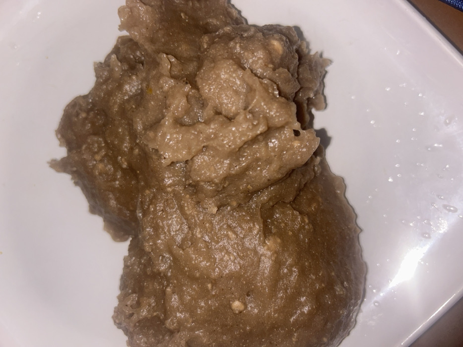 A mound of brown, slightly textured, cooked food rests on a white plate. The food appears dense and somewhat lumpy, with subtle variations in color suggesting varied ingredients or cooking processes. Moisture is visible on the surface of the food and on the plate. The plate is clean, with a few scattered water droplets near the food.