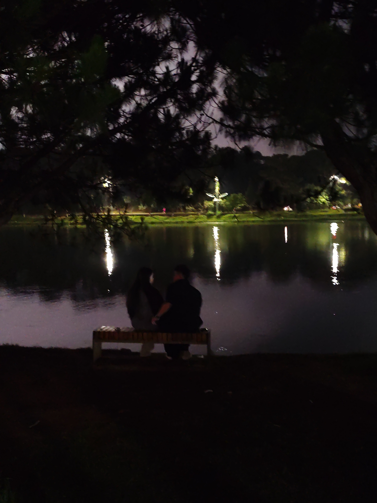 Two people are sitting on a bench by a body of water. The reflection of the lights from across the water can be seen on the water's surface. The bench is located in a dark, tree-covered area. The location is Da Lat, Vietnam.