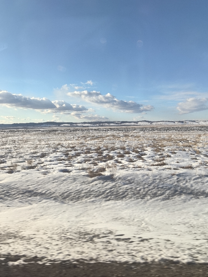 The image depicts a vast, snow-covered winter landscape under a bright, partly cloudy blue sky, captured in what is identified as the area of Аблатуйский Бор, Russia. The upper half of the frame is dominated by a clear blue sky with scattered white cumulus clouds. A faint, low-lying horizon line in the midground shows dark, undulating terrain, likely distant hills or a treeline, partially covered in snow. The foreground features an expansive, flat to gently rolling field blanketed in patchy snow. Irregular clusters of dry, light brown vegetation, consistent with dormant grasses or shrubs, protrude through the snow cover across the field. The snow exhibits varied textures and shadows, suggesting uneven accumulation or wind patterns. The very bottom edge of the image presents a blurred dark horizontal band, indicating a close foreground element, possibly the interior of a vehicle or a road surface from which the photograph was taken. No individuals, animals, or artificial structures other than the potential foreground element are visible.