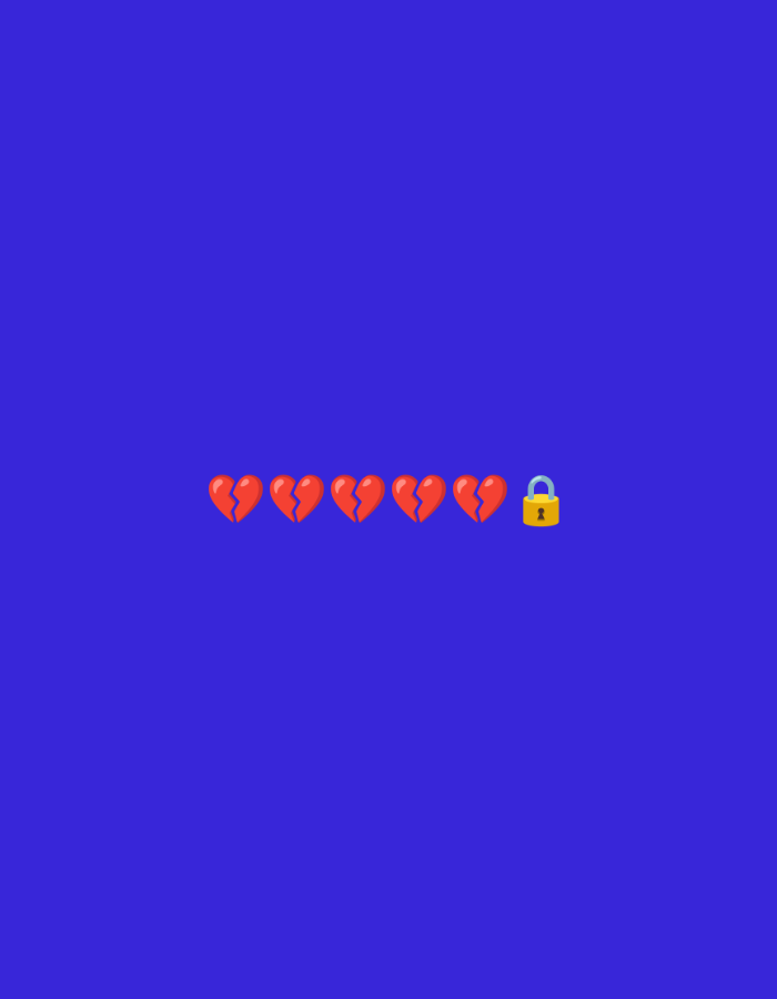 The image displays a digital graphic set against a solid, vibrant blue background. In the center of the frame, a horizontal row of emojis is presented. This row consists of five red broken heart emojis, each depicted with a visible crack splitting the heart. Following the broken heart emojis, there is a single golden padlock emoji, shown in a closed position with a grey shackle. The elements are uniformly spaced. There are no other objects, people, text, or discernible real-world scenes or activities within the image.