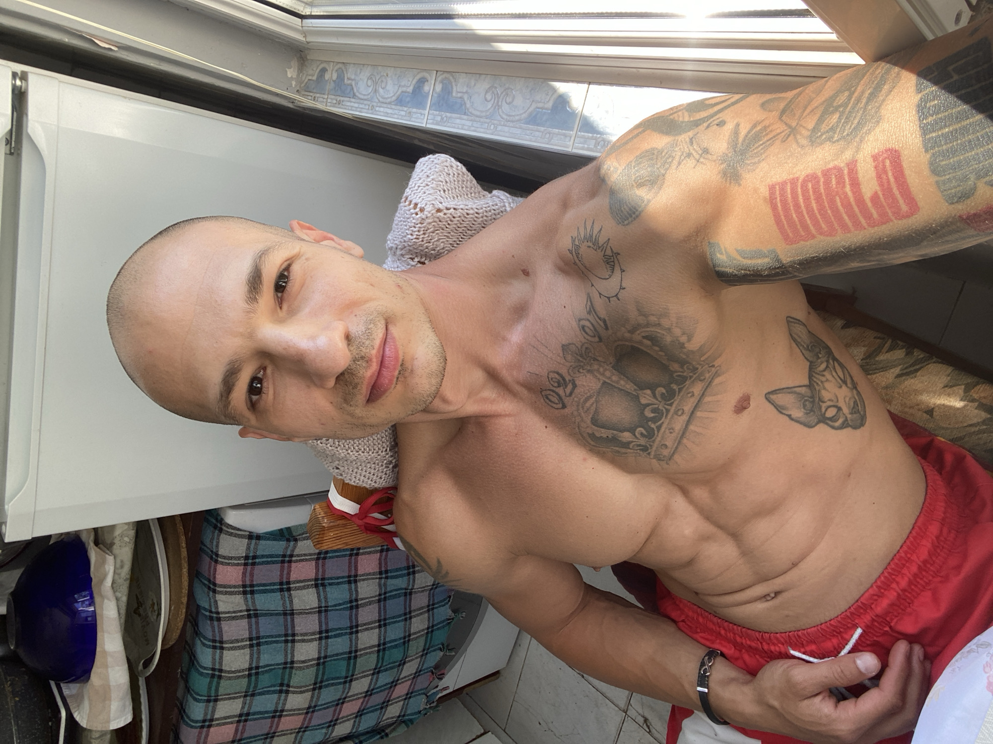 The image is a close-up, high-angle, selfie-style shot of a shirtless, bald, fair-skinned man with tattoos on his chest and arm. He is wearing red shorts and a black bracelet with an infinity symbol. The man is seated in a chair with a patterned blanket draped over its back. To his left, a checkered fabric is visible, along with plates and a blue bowl. Behind him, a white refrigerator is positioned next to a window with a tiled frame. The lighting suggests it is daytime, with sunlight streaming in from the window. The background elements suggest an indoor domestic setting, possibly a kitchen or dining area, in a residence located in the city of Pleven, Bulgaria.