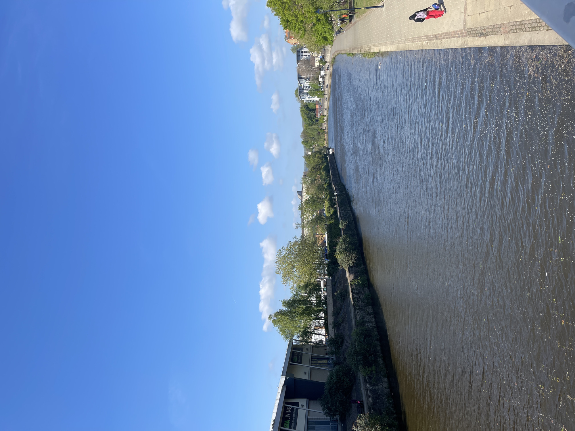 The image displays an elevated view of a river or canal flowing through an urban landscape under a clear blue sky. The photo appears to be taken from a bridge, looking down at the waterway and its banks.
The river, central to the image, has dark, rippled water, with visible floating debris and reflections of the bright sky.
On the left bank, a wide, paved walkway or path runs alongside the water. A person is lying down on this path, dressed in red trousers and a light-colored top, seemingly resting or sunbathing. A dark railing is visible near the top edge of the path, where the photo's vantage point is.
The right bank is bordered by a concrete embankment, behind which lush green trees and bushes are densely packed. Beyond the vegetation, various buildings line the bank. In the foreground, a modern building clearly displays the text "SDA LIVING" followed by "Living, Home, Entertainment." Further along the bank, other multi-story residential or commercial buildings are visible.
The sky, occupying a large portion of the frame, is a bright, clear blue with several scattered, fluffy white cumulus clouds. The strong sunlight and vibrant colors indicate that it is daytime, likely late morning or early afternoon, suggesting pleasant weather conditions. The scene depicts a tranquil urban waterside environment.