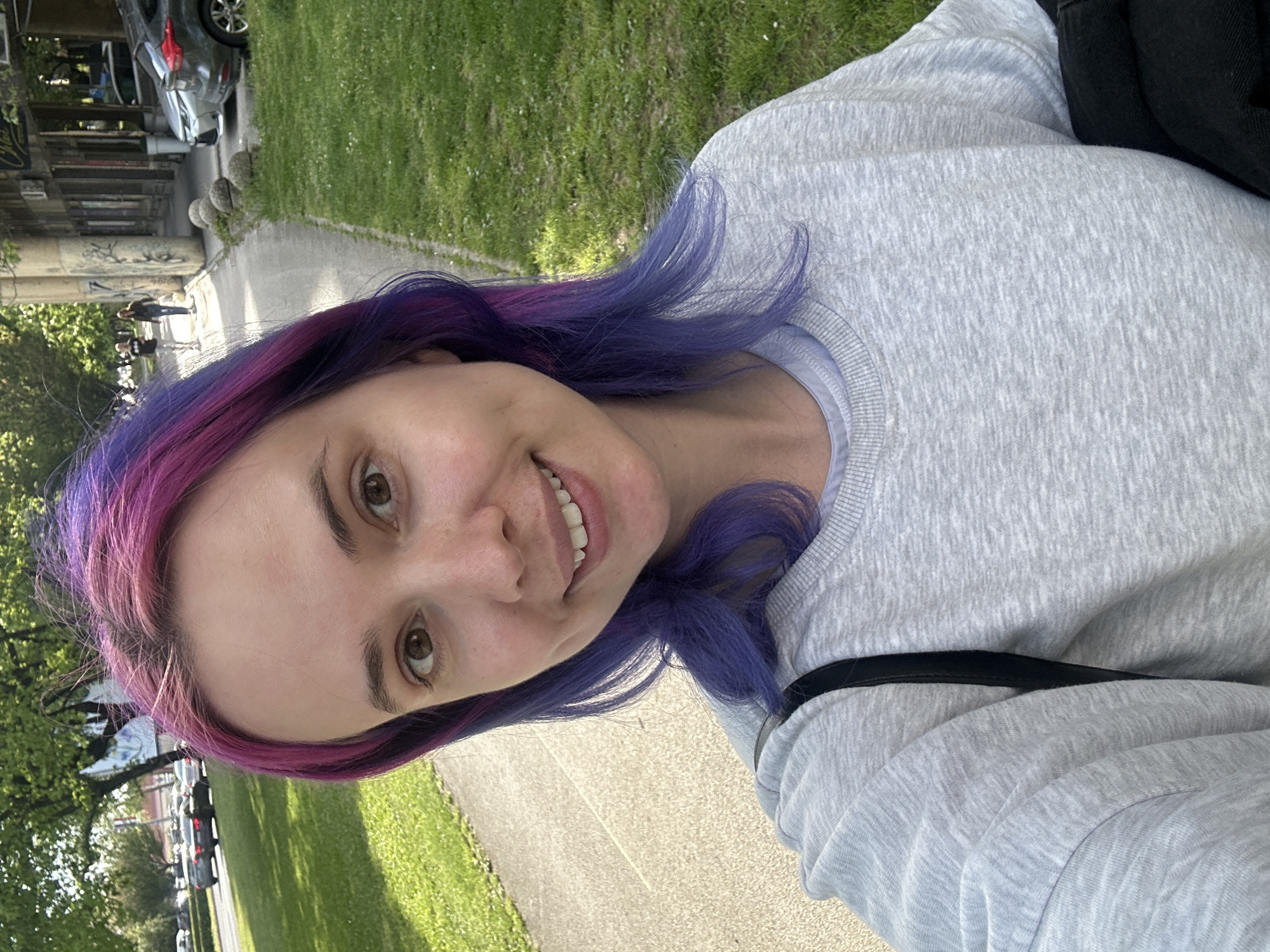 A vibrant selfie captures a young woman outdoors in what appears to be a park or urban green space in the City of Zagreb, Croatia. The image is rotated 90 degrees clockwise, showing her face tilted as she smiles directly at the camera, her teeth visible in a broad, warm expression. She has striking two-toned hair, a mix of bright purple and magenta/pink, which frames her face. Her eyes are brown, and her complexion is fair. She is wearing a light gray crew-neck sweatshirt, and a black strap, possibly from a bag, is visible over her right shoulder.
The background presents a blend of natural and urban elements, indicating a pleasant daytime setting. To her left, lush green grass dotted with small white flowers runs alongside a paved walkway or path. Beyond this, mature trees with fresh green leaves line what appears to be a street with parked cars. In the distance, parts of buildings are visible, including a blurry sign on one of them. Concrete bollards are also seen along the pathway, and faint figures of other people can be discerned further down the path. The overall impression is one of a relaxed moment in a lively city environment under bright sunlight.