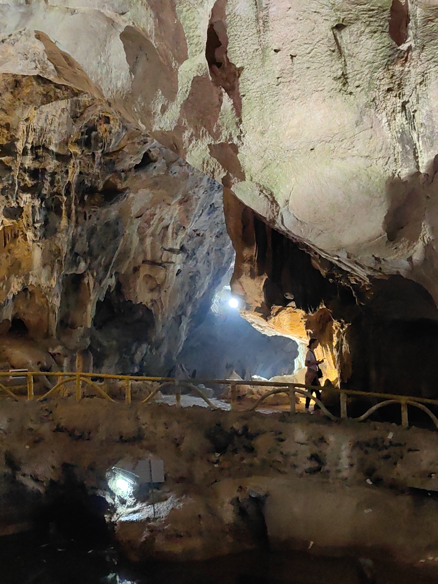 The image captures a scene inside a cave in Lạng Sơn, Vietnam. The cave features walls of textured rock formations, some appearing as stalactites and stalagmites. A wooden railing runs along a raised pathway. A person is visible on the path, silhouetted against a light source emanating from a cave opening. Another light source is present below the pathway, illuminating the darker foreground. The overall lighting is dim and atmospheric.