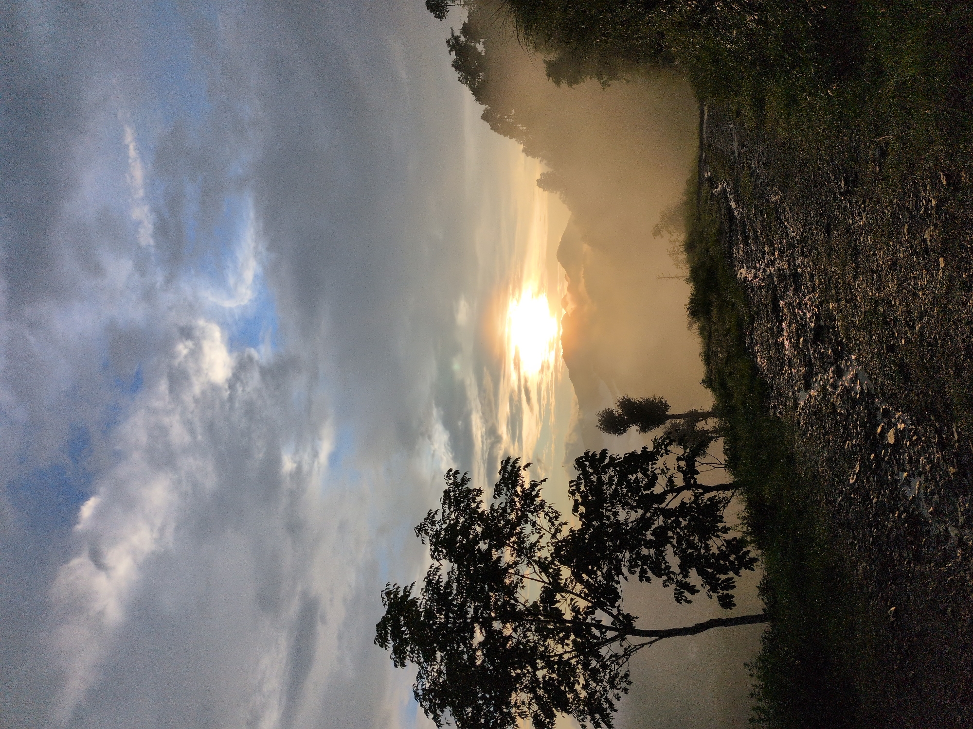 A rural dirt road, wet with recent rain, winds through a misty mountain landscape at sunrise. Silhouetted trees frame the left side of the image, with their dark foliage contrasting against the bright, hazy sky. The sun, partially obscured by clouds and mist, casts a warm, golden light over the scene, illuminating the distant mountain peaks and the fog-shrouded valleys. The road is covered in pebbles and puddles, reflecting the soft morning light. The overall atmosphere is serene and natural, indicative of a remote, mountainous region. This scene is located in Kapurkot, Nepal.
