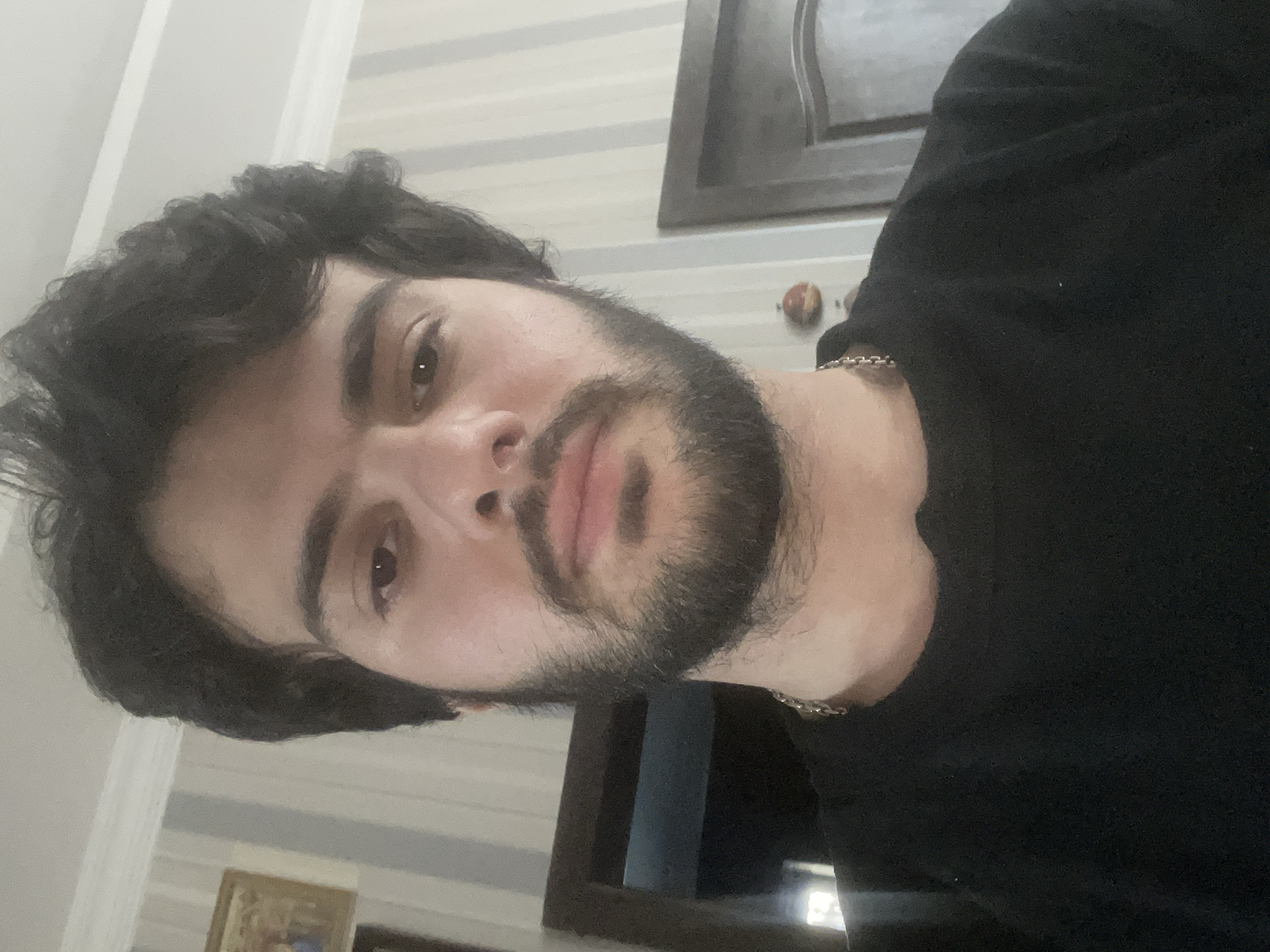 The media file is a close-up, portrait-style photograph of a young man with dark, curly hair and a beard. He is wearing a black t-shirt and a silver chain. His expression is neutral, and he is looking directly at the camera. The background is blurred, but appears to be an indoor setting with striped wallpaper and a framed picture on the wall. The lighting suggests it could be daytime or artificial light. There is no visible text in the image. Based on the provided context, the location is Tbilisi, Georgia.
