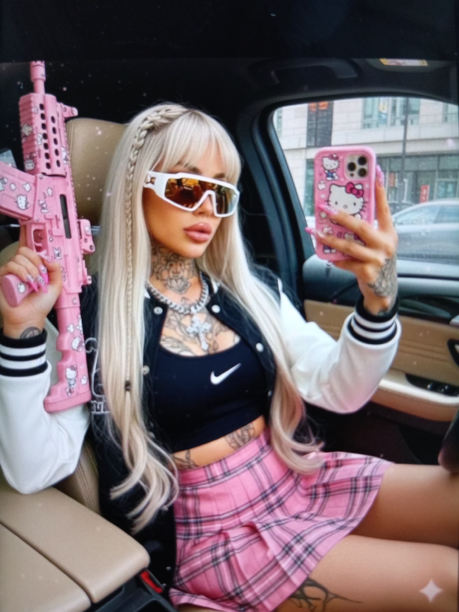 The image depicts a young woman with blonde hair, bangs, and braided accents, sitting in the driver's seat of a car. She is wearing large white sunglasses, a black crop top with a Nike logo, a white and black varsity jacket, and a pink plaid skirt. She has extensive tattoos visible on her chest, neck, arms, and legs. Her fingernails are long and painted pink.
In her left hand, she holds a bright pink toy rifle adorned with Hello Kitty designs. In her right hand, she holds a pink smartphone, also featuring a Hello Kitty case, as if taking a selfie. The interior of the car appears to be a luxury model with tan leather seats. Outside the car window, a blurry urban environment is visible, suggesting the car is parked on a street.
The overall aesthetic is a blend of fashion, pop culture (Hello Kitty), and a slightly rebellious or edgy image. The lighting suggests it could be daytime, though the exact time of day and weather are not discernible. The woman's facial expression is not clearly visible due to the sunglasses, but the pose and the items she is holding create a deliberate and attention-grabbing presentation. The image appears to be digitally created or heavily edited, with a grainy texture and some scattered white specks that resemble dust or digital artifacts.