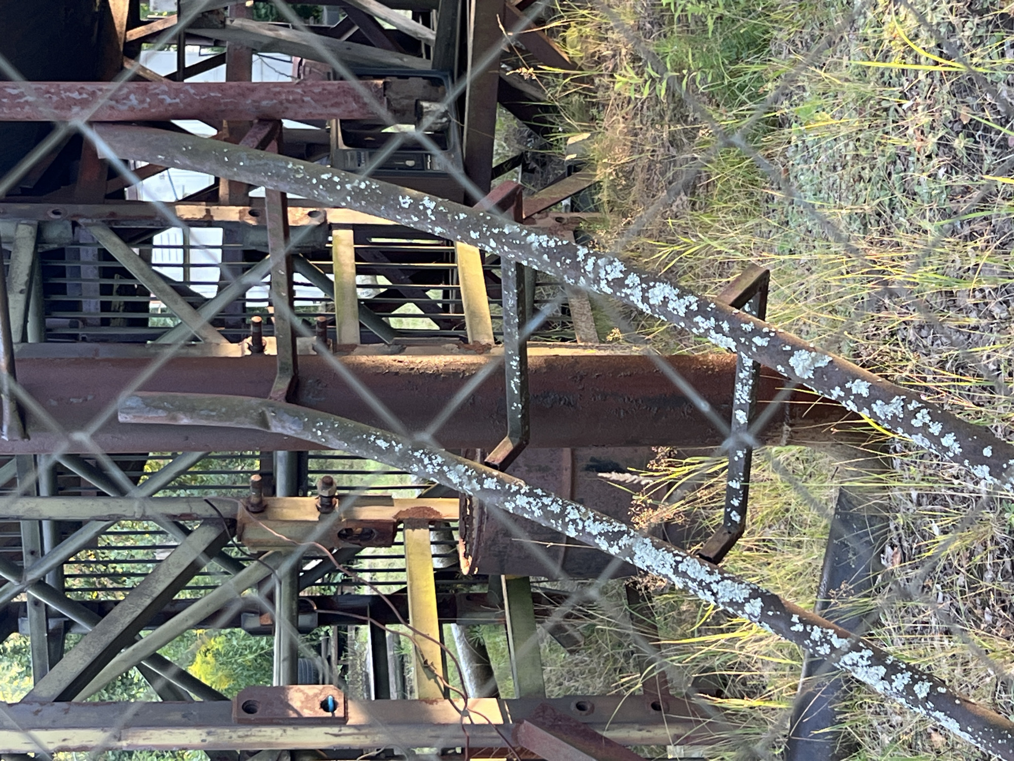 The image captures a close-up view of a rusted metal structure, possibly part of industrial equipment or a former communication tower, situated in an outdoor environment. The structure is characterized by a network of metal beams, supports, and pipes, many of which exhibit signs of corrosion and decay. Some elements of the structure are painted in a muted green, while others are a deep rust color, with patches of lichen growth visible on some of the vertical supports. The foreground is dominated by a chain-link fence, with its diamond pattern obscuring a portion of the scene. Beyond the fence and the structure, overgrown grass and dry foliage are visible, suggesting an abandoned or neglected area. In the background, glimpses of greenery and what might be buildings can be seen, though they are out of focus. The lighting suggests it is either early morning or late afternoon, with warm sunlight casting long shadows. The scene evokes a sense of abandonment and the passage of time, with nature gradually reclaiming the man-made structure.