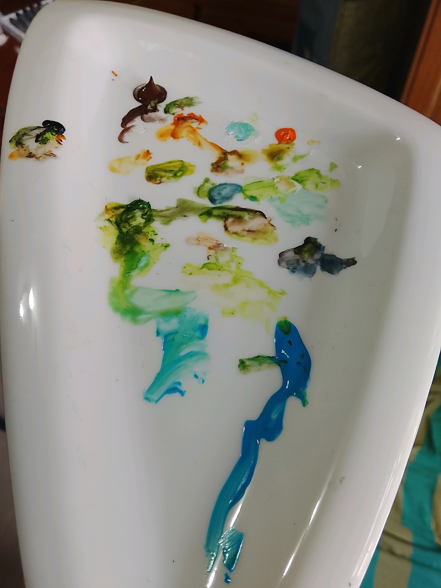 The image shows a white porcelain surface, likely a urinal or a sink, with various splotches and streaks of paint. The paint appears to be acrylic or watercolor, with a range of colors including green, blue, orange, brown, and black. There is a small, almost abstract representation of a bird painted in the upper left corner. The paint is wet in some areas, suggesting it was recently applied or is still in the process of being used as a palette. The environment appears to be indoors, given the lighting and the context of a porcelain fixture. There is no indication of the city of Colombo, Sri Lanka, or any specific location. The image focuses solely on the painted surface.