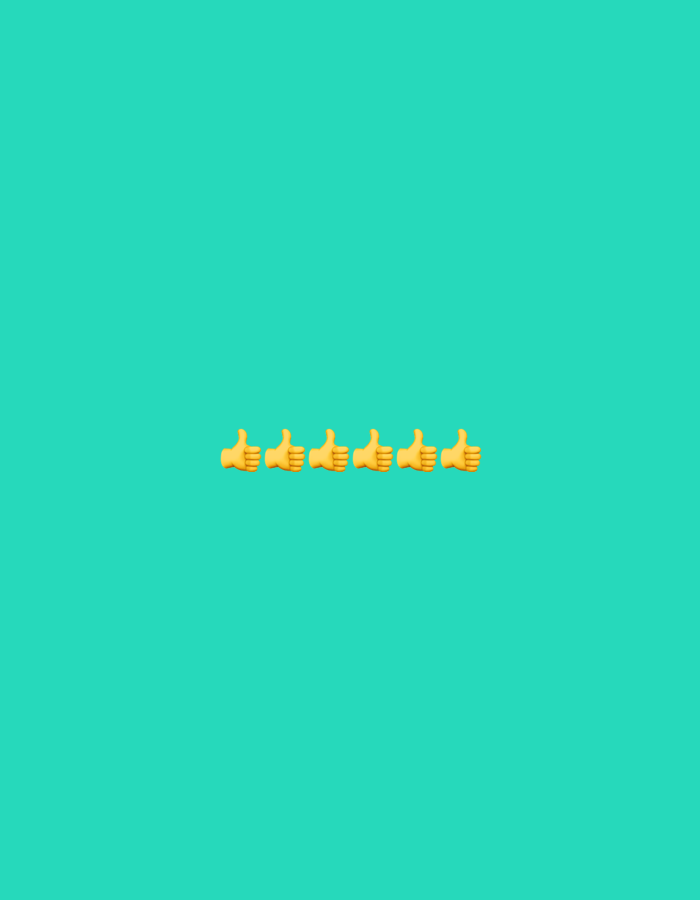 This is a full-frame, eye-level, medium shot of five yellow "thumbs up" emojis arranged in a horizontal line. The emojis are centered in the frame. The background is a solid, bright teal color. The image does not depict any recognizable location in the city of Gorzow, Poland, nor does it contain any people, objects, actions, or interactions.