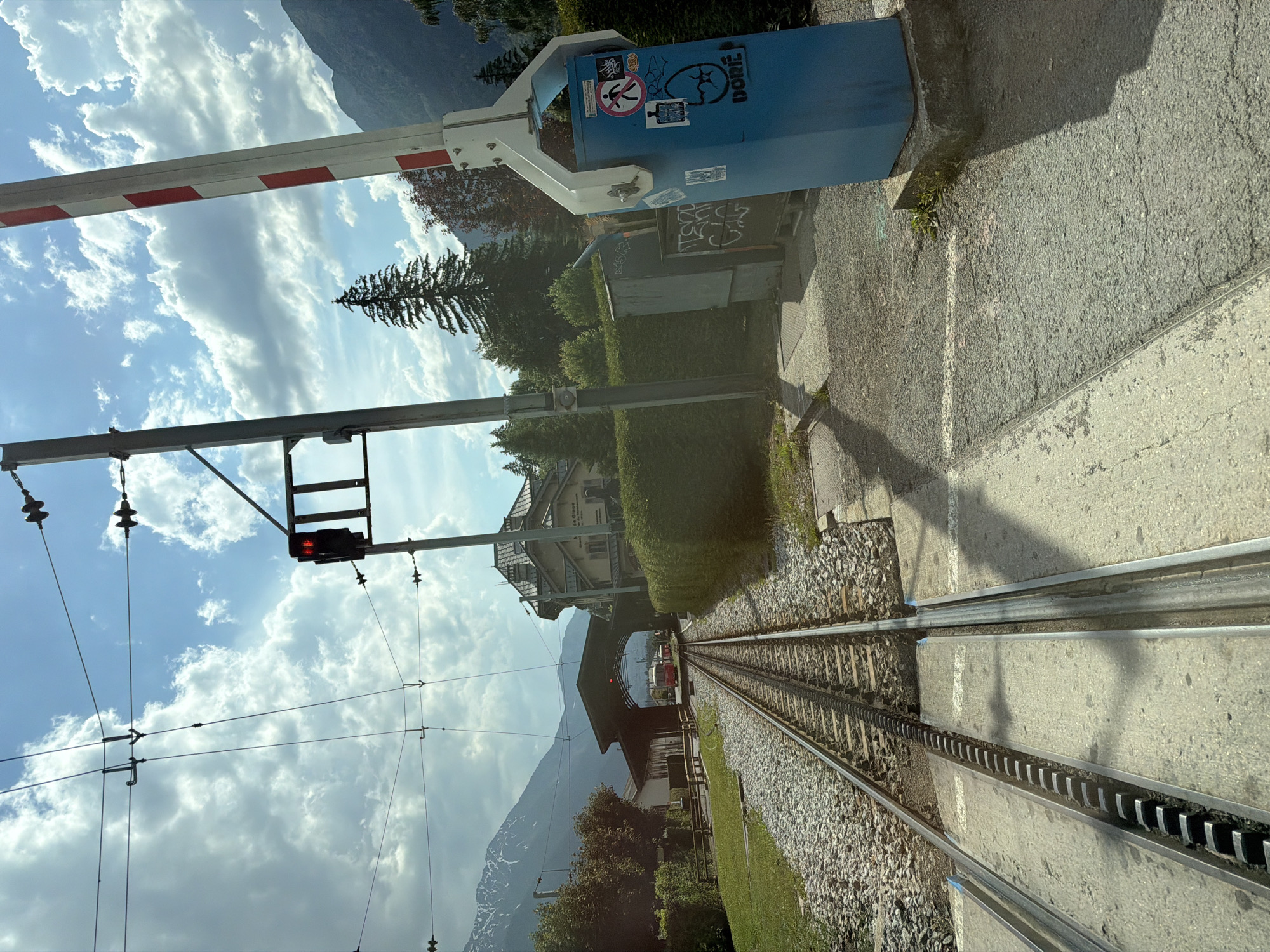 The image shows a railway track with a red signal light on a pole and a railway barrier with red and white stripes. In the background, there is a building with a distinctive roof, mountains, and trees. The sky is cloudy. The location appears to be Chamonix-Mont-Blanc, France, based on the context of a railway line and mountainous scenery. There are no people visible in the image. The railway line appears to be a cog railway, indicated by the presence of a cogwheel track between the two standard rails. The barrier is in a lowered position, suggesting the train is either approaching or has just passed.