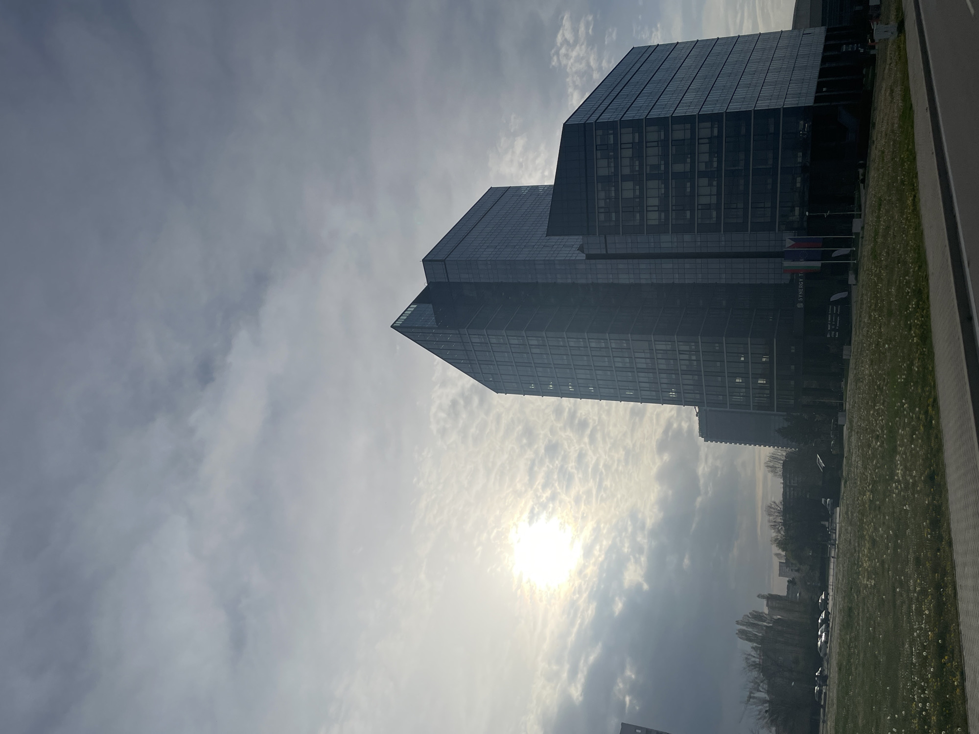 The image, captured in portrait orientation and rotated 90 degrees clockwise, presents a modern urban scene under an overcast sky. Two prominent, dark-paneled glass skyscrapers dominate the left side, their reflective surfaces mirroring the cloudy conditions. The closer and larger building displays numerous stories of windows, with its base featuring two flags on poles; one is identifiable as the Bulgarian flag (white, green, red stripes), and the other appears to be the European Union flag. Below the flags, text on the building's facade reads "SYNERGY T" and "BUSINESS CENTER".
The sky is largely covered by a mixture of grey and brighter clouds, through which the sun shines as a diffused, intense light source. To the right of the buildings, a strip of green grass, dotted with small white and yellow wildflowers, borders a paved road or sidewalk. In the background, beyond the immediate structures and across what appears to be a street with parked cars, a cityscape of other buildings and numerous bare trees suggests a late winter or early spring setting.
The scene depicts a daytime moment, likely late morning or early afternoon, characterized by the bright, diffused sunlight piercing through the cloud cover. It portrays a contemporary business district, aligning with its location in Sofia, Bulgaria.
