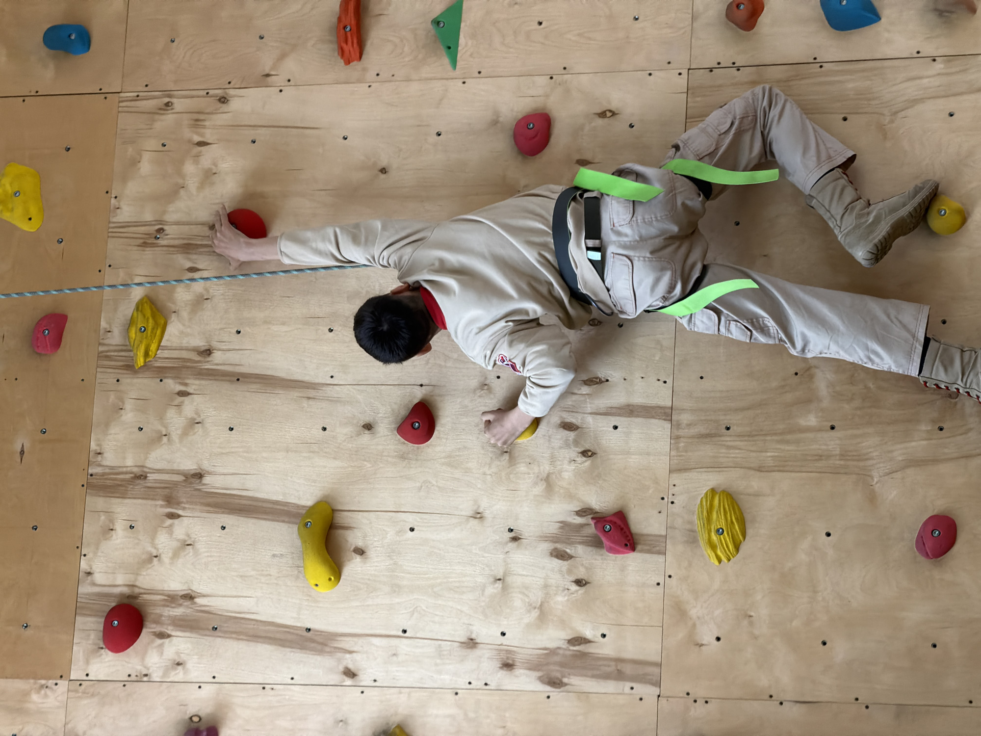 A person is rock climbing on an indoor wall in Izhevsk, Russia. The person, who has short black hair, is wearing a light-colored long-sleeved shirt, khaki-colored pants, and high boots. They are also wearing a climbing harness with green straps and are holding onto various colored climbing holds attached to a plywood climbing wall. A rope is attached to a red climbing hold to the left. The wall is made up of several vertical plywood panels with numerous visible screw heads. The holds are various colors including yellow, red, blue and green.