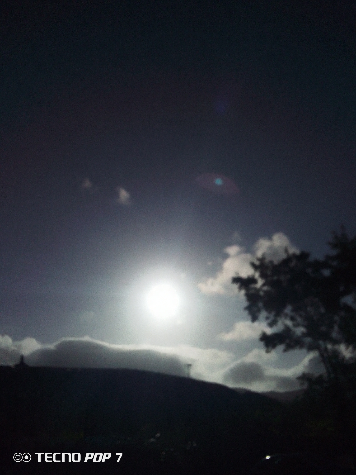 The image presents a low-angle view of a landscape at night or dusk, seemingly taken in Pedro González, Venezuela. A bright, concentrated light source is positioned above a dark hill partially obscured by clouds, indicating either the sun close to the horizon or a strong artificial light source. To the right, a dark tree is silhouetted against the sky. The sky itself transitions from lighter near the light source to darker higher up, featuring scattered clouds. At the bottom of the image, the phone brand "TECNO POP 7" is visible. No people are apparent, and the overall environment is indistinct due to low light and focus.