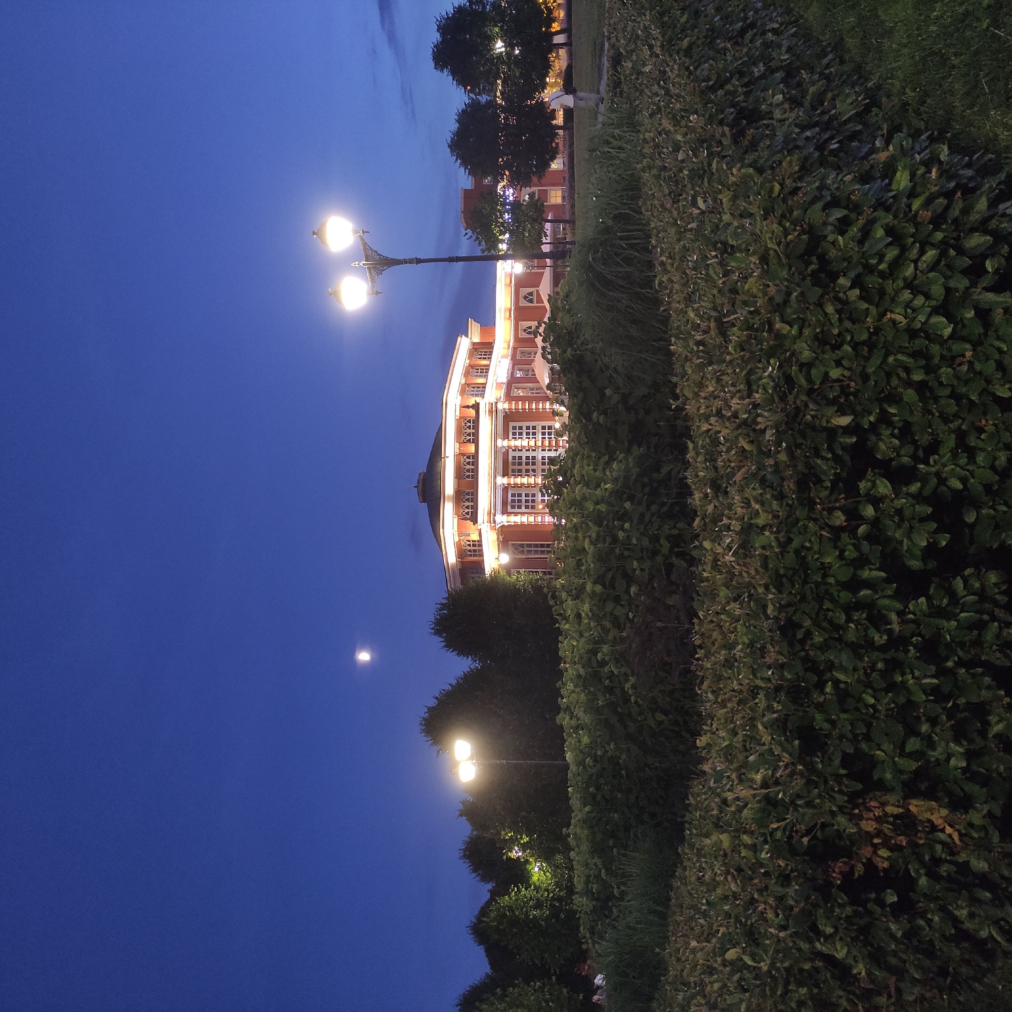 This image captures a twilight scene at the Ostankino Estate Museum in Moscow, Russia. In the foreground, a manicured hedge forms a dense, dark green border. Behind the hedge, several lampposts cast a warm yellow light onto the grounds. A prominent, ornate lamppost with two bulbs stands in the middle ground, illuminating the park. Further in the background, a large, circular, reddish-orange building with white-framed windows is brightly lit. The building features classical architectural elements, including columns and decorative cornices. Above the building, the twilight sky is a deep blue, with a crescent moon visible. Trees with dark green foliage are scattered throughout the scene, framing the building and the sky. A few scattered figures are faintly visible in the distance, suggesting a park setting with visitors. The overall atmosphere is serene and illuminated by artificial lights and the natural twilight.