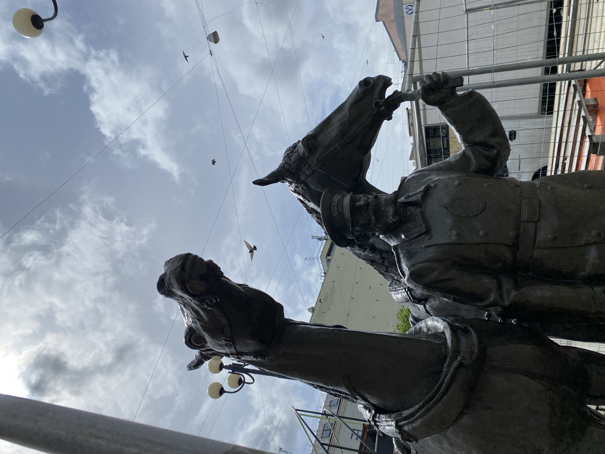The image shows a low-angle view of the Horse Tamers sculpture in St. Petersburg, Russia. The sculpture depicts two men on horseback, rendered in a dark metal, possibly bronze. Above, the sky is overcast with a mix of clouds. Power lines crisscross the sky. Several small birds are flying in the background. Parts of buildings and scaffolding are visible.