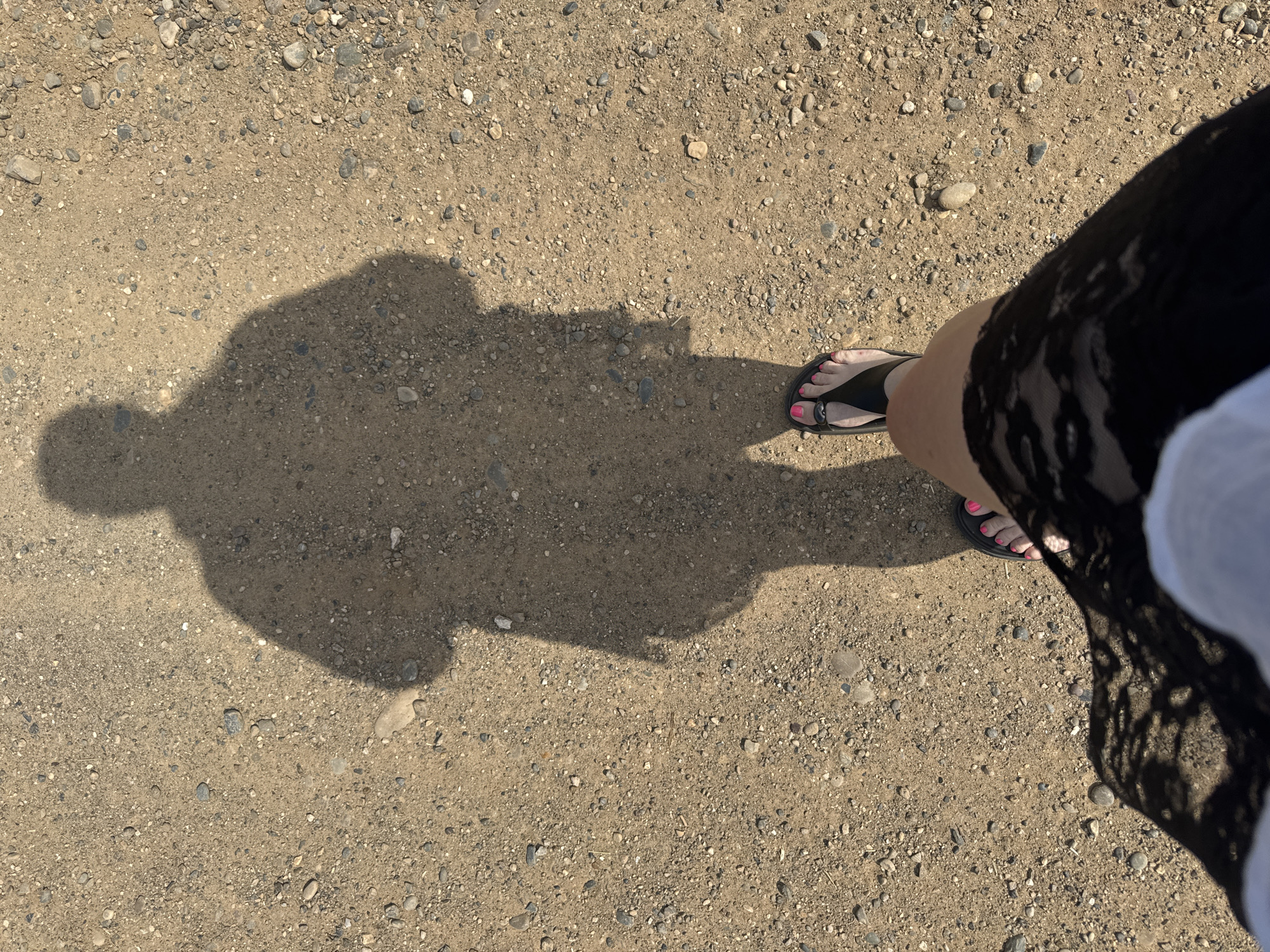 A first-person perspective shot shows a person's shadow cast on a dry, gravelly path. The shadow, elongated and cast from the right, depicts a person wearing what appears to be a jacket and holding something in their hands. In the foreground, the lower part of the person's legs and feet are visible. One foot is adorned with black sandals and bright pink toenail polish. A portion of a black skirt with a lace overlay and a white garment are also visible. The ground is composed of a mixture of tan dirt and small, multi-colored pebbles. The scene is well-lit, indicating it is likely daytime. The location is described as Pozdyshki, Russia, though this cannot be visually confirmed from the image itself.