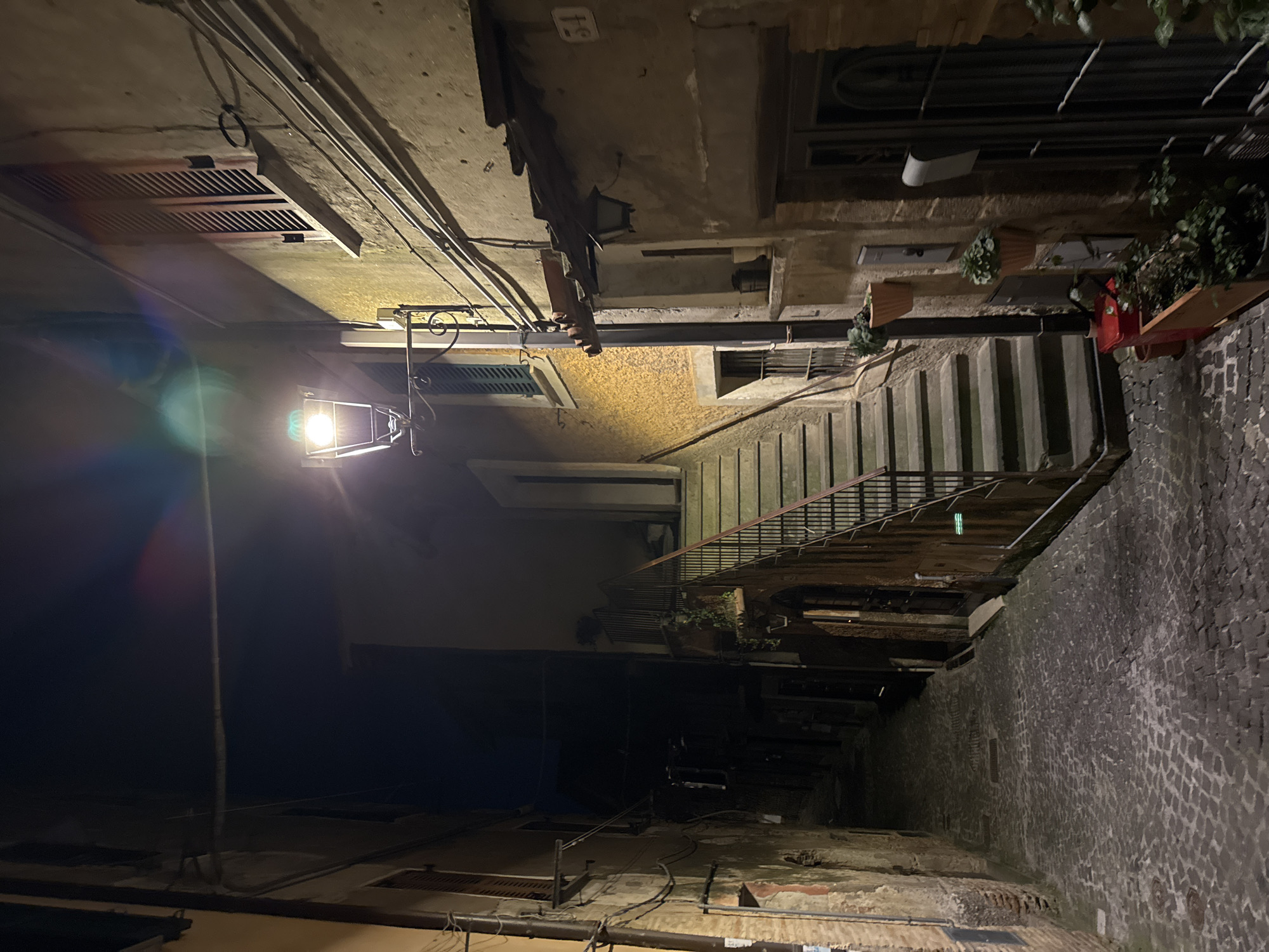 Captured at night, the scene depicts an alleyway in Castelnuovo di Porto, Italy. The alley is enclosed by buildings on both sides, constructed with aged stone and concrete materials, with visible utility lines running overhead. A set of concrete stairs ascends midway through the alley, equipped with a metal railing. Potted plants are observed on the steps. Illumination is provided by a streetlamp mounted on the building, casting light into the alley. The ground is paved with dark cobblestones. No individuals are visible in the frame.