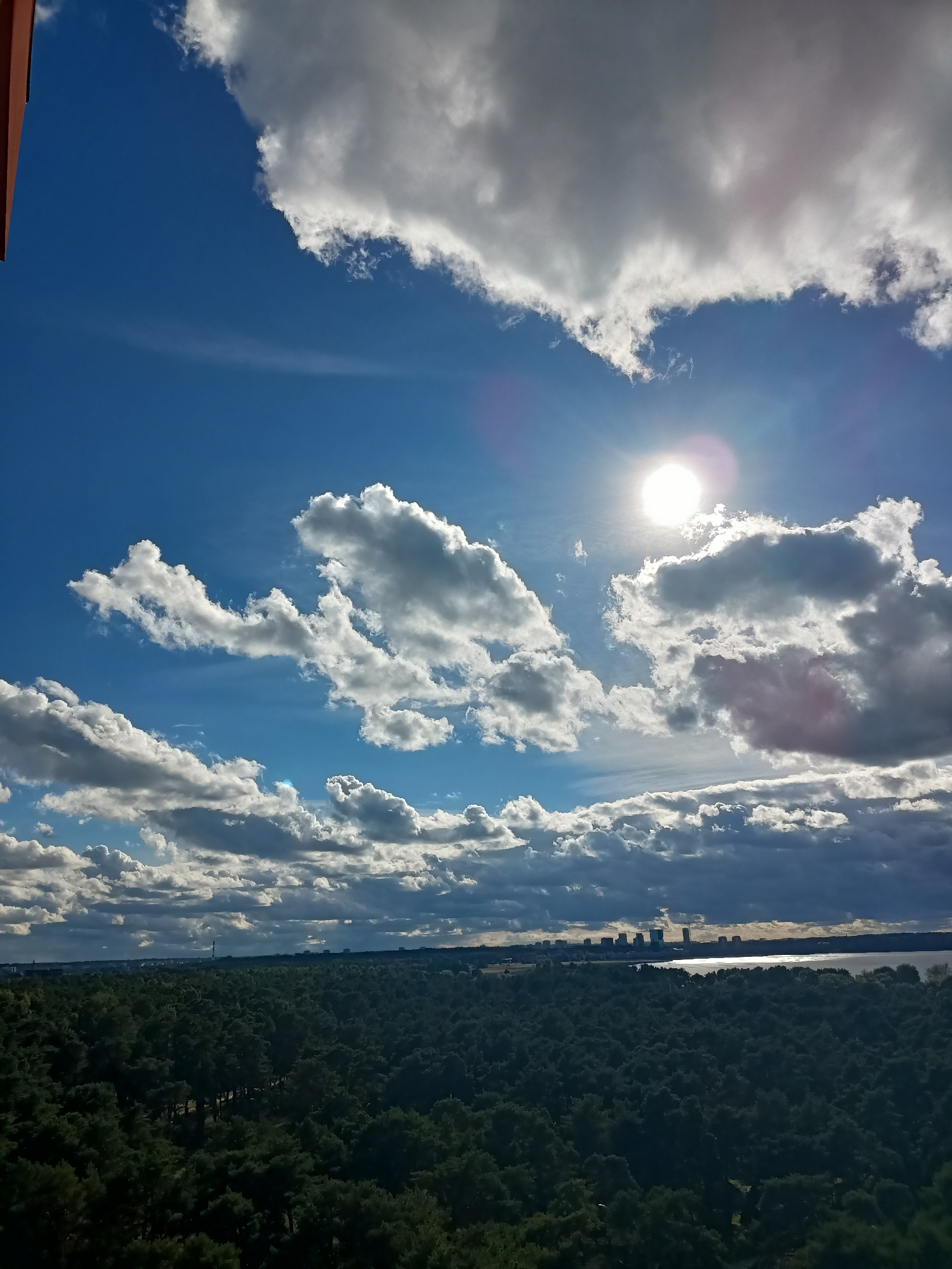 This is an outdoor, high-angle photograph taken on a clear day with scattered cumulus clouds and a bright sun. The scene captures a panoramic view of a vast, dense forest in the foreground. Beyond the forest, a body of water is visible, reflecting the sunlight. In the distance, a cityscape with modern buildings and a tall tower can be seen lining the horizon. The lighting suggests it is late afternoon, with the sun casting long shadows and creating a lens flare effect. No people are discernible in the image. The perspective indicates the photograph was taken from a high vantage point, possibly a building or elevated structure. The cityscape in the distance is consistent with the appearance of Tallinn, Estonia, particularly the area around Pirita or Lasnamäe, with the body of water likely being the Baltic Sea or a nearby bay. The forest appears to be a large, preserved green space within or adjacent to the urban area.