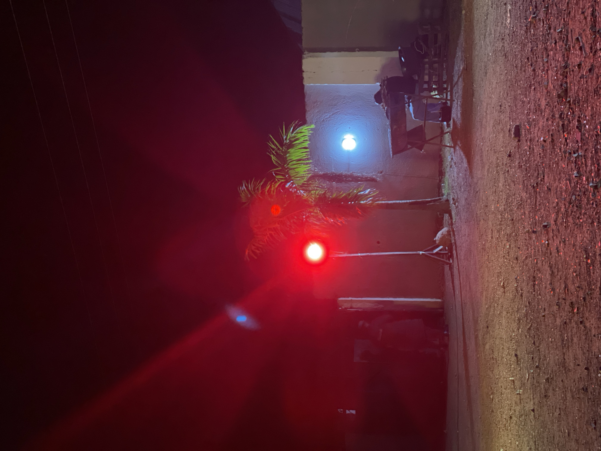 This is a nighttime outdoor scene in Durumi, Nigeria, illuminated by various light sources. In the foreground, the ground is a mixture of dirt and gravel. A tall palm tree stands to the left of center, its fronds illuminated by a bright blue light source positioned to its right. To the left of the palm tree, a red light is directed upwards and to the left, casting a red glow across the scene and creating lens flares.
Behind the palm tree and to the right, a person is seated at a makeshift table or grill. They are wearing dark clothing and appear to be engaged in an activity, possibly related to the grill. To the far left, silhouetted figures are visible near a wall, partially obscured by the red light. A fence or wall runs along the background, with a building or structure visible on the right side. Overhead, thin wires are stretched across the dark sky. The overall impression is one of an informal gathering or event taking place at night, with artificial lighting creating dramatic color contrasts.