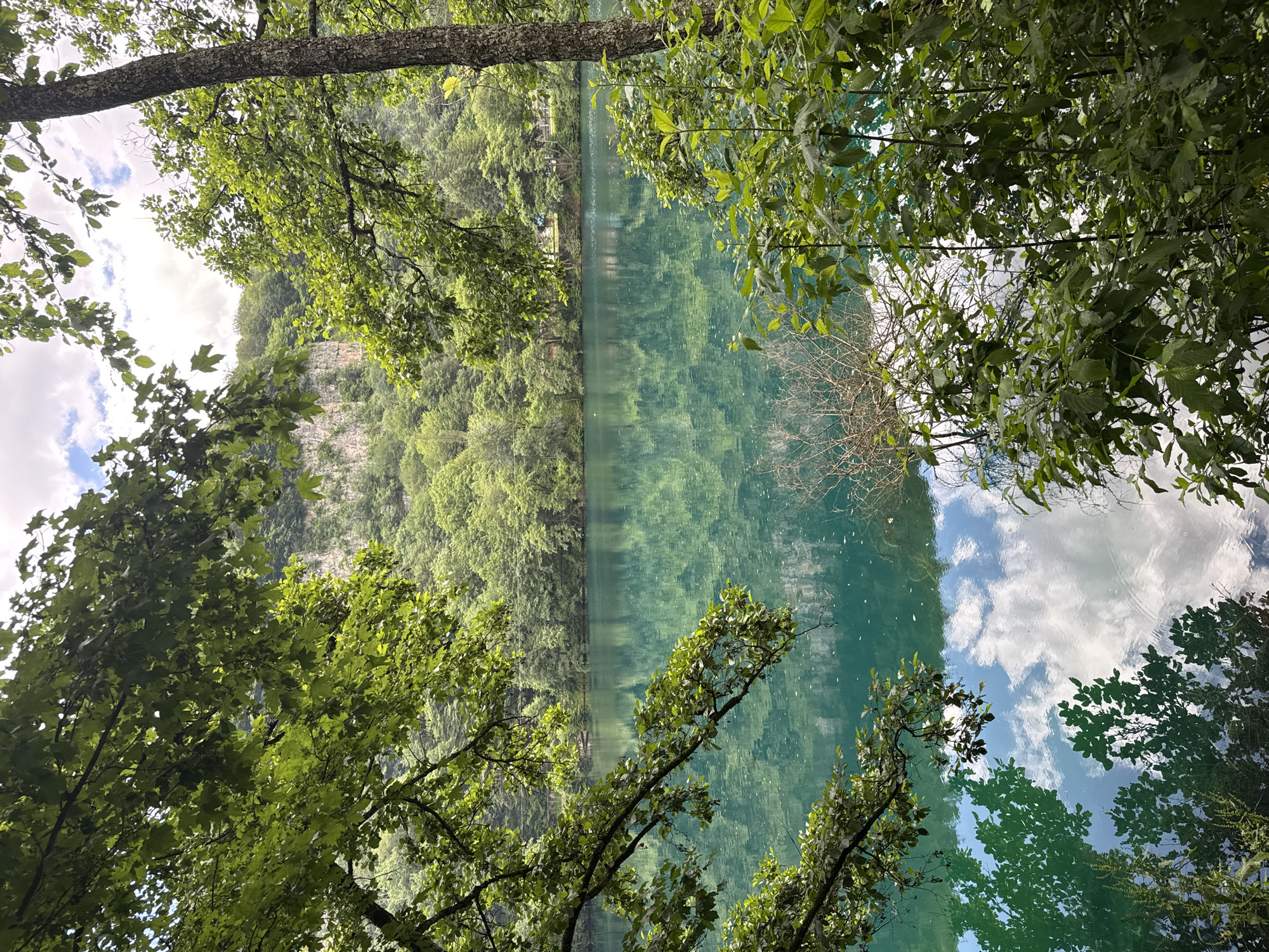 The image shows a view of the Cherek Gorge in Verkhnyaya Balkariya, Russia. A tranquil, emerald-green lake fills the foreground, its surface reflecting the surrounding lush green trees, rocky cliffs, and white clouds. Dense foliage frames the scene, with branches and leaves of trees in the foreground partially obscuring the view of the lake and the distant landscape. The lake is calm, with subtle ripples disturbing the mirror-like reflections. The background features a steep, rocky cliff face partially covered in vegetation, with a dense forest stretching beyond it. The sky above is partly cloudy, with white clouds interspersed with patches of blue. The overall impression is one of natural beauty and serenity.