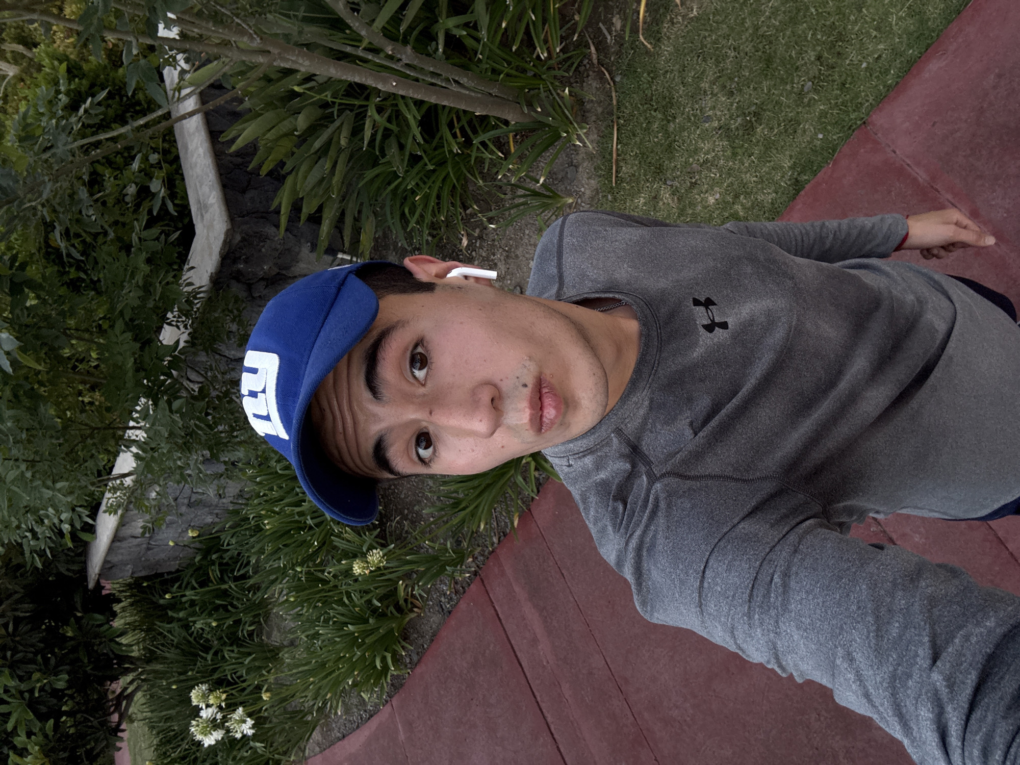 A young adult male is captured in a high-angle selfie, set outdoors in San Bernardino Tlaxcalancingo, Mexico. He is wearing a blue baseball cap adorned with a white "NY" logo on the front, a grey long-sleeved athletic shirt featuring a black Under Armour logo, and dark-colored pants. White wireless earbuds are visible in his ears, and he sports a thin silver chain around his neck. His expression is a slight pout or serious gaze directed towards the camera.
The background is rich with natural elements, showcasing dense green foliage, including various bushes and trees, interspersed with patches of green grass. A distinctive reddish-brown paved path or sidewalk curves through the scene. A light-colored concrete or stone wall, with textured, possibly volcanic stone sections, is partially visible among the greenery. Small clusters of white flowers bloom among the plants near the pathway. The lighting suggests it is daytime, likely overcast or late afternoon, providing soft illumination without harsh shadows. The setting appears to be a well-maintained outdoor space, such as a park, garden, or a landscaped residential area.