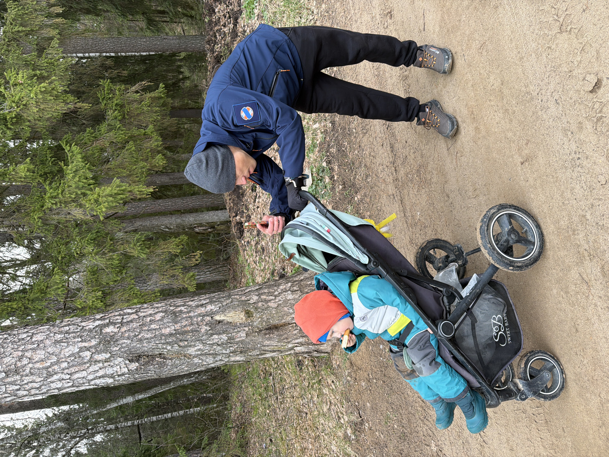 The photograph depicts a man and a young child with a stroller, likely in a park or wooded area. The man, wearing a dark blue jacket with a patch on the left sleeve, black pants, a gray beanie, and hiking boots, is bending over the stroller and holding a phone in his left hand. The child, clad in a teal and yellow snowsuit with a bright orange beanie, is sitting in the stroller and appears to be eating. The stroller is black and has a "Sweet Baby" logo on the side.
The setting includes trees and a dirt path covered with scattered leaves and small stones. Based on the trees, the location is Chaikovsky, Russia, which has significant forested land, a typical park would fit within this description.