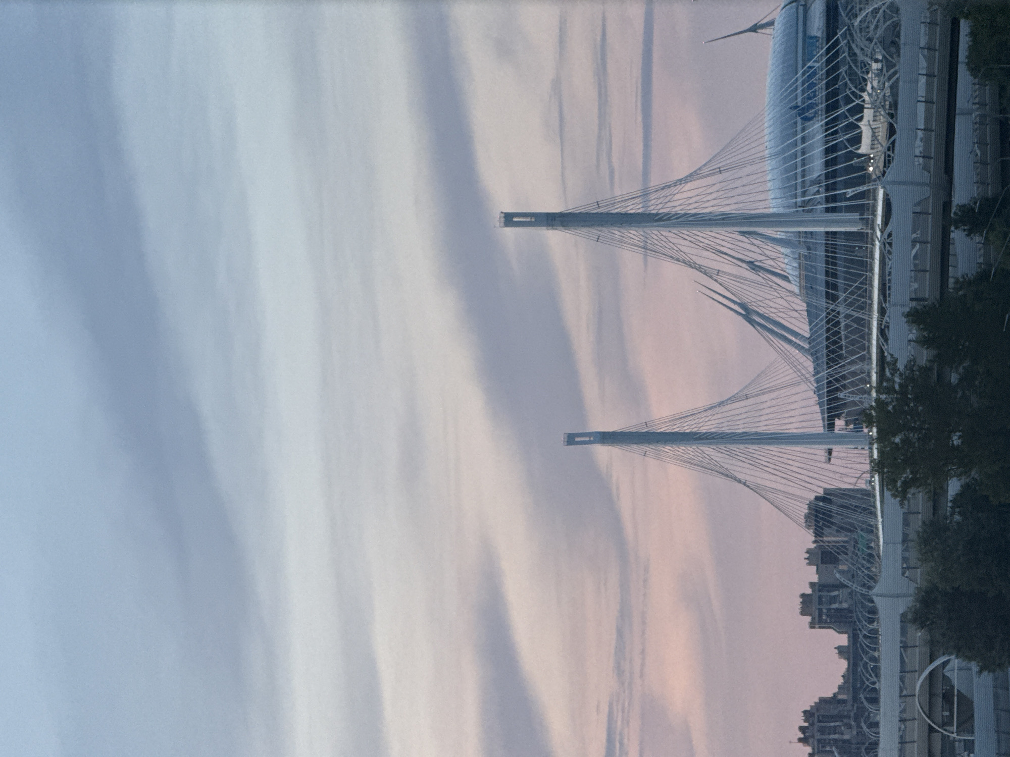 The image depicts a panoramic view of the cityscape of Saint Petersburg, Russia, at dusk. The focal point is the Gazprom Arena, a modern stadium with a distinctive blue, domed roof, and the accompanying cable-stayed bridges that cross the Neva River. The sky is a gradient of soft blues and pinks, indicative of twilight. The bridges are characterized by their tall, slender pylons and intricate network of cables, creating a striking architectural silhouette against the fading light. In the background, a cluster of urban buildings with distinctive architectural features can be seen, suggesting a densely populated area. Lush green trees are visible in the foreground, partially obscuring the lower levels of the urban infrastructure. The overall scene is one of urban development harmoniously coexisting with natural light and greenery.