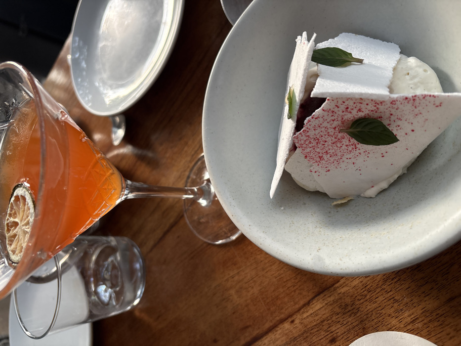 An overhead shot captures a dining table scene. On the right, a light gray bowl cradles a dessert with white meringue shards, dollops of cream, red sprinkles, and green leaves. To the left, a tilted martini glass holds an orange liquid with a dried lime slice. Beneath the glass lies an empty glass. Another white plate rests near the top left corner on the wooden table.