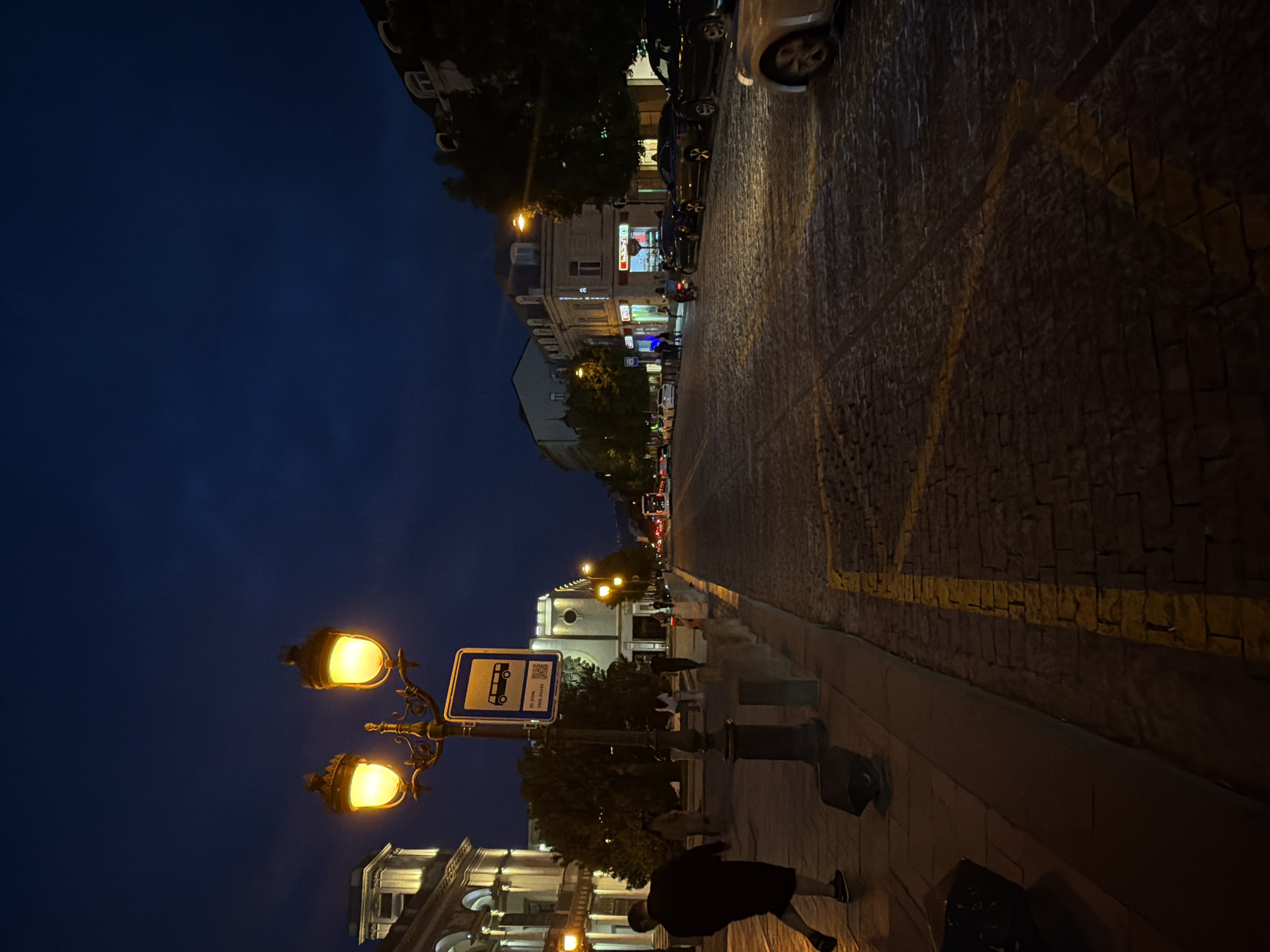 At dusk in Tbilisi, Georgia, a northward view along a cobblestone street reveals a blend of pedestrian and vehicular activity. Streetlights, adorned with two glowing orbs and a bus stop sign, illuminate the sidewalk where a person in dark clothing walks. Further down the street, illuminated buildings line both sides, with cars parked along the right. Yellow lines are painted on the cobblestone road. The night sky is dark blue.
