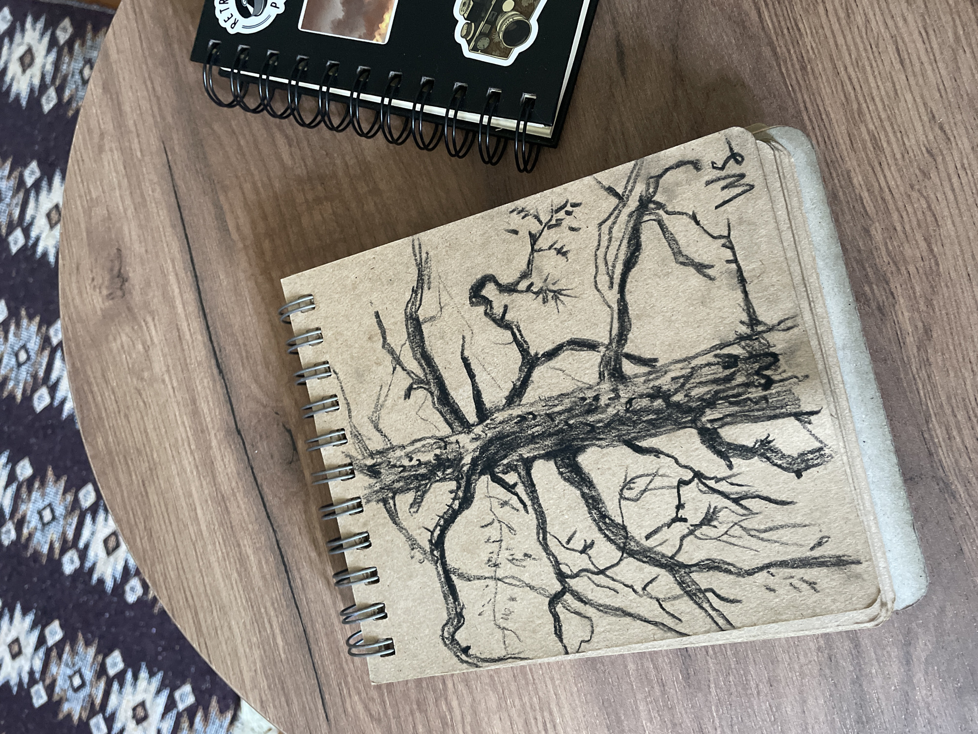 In an overhead shot, a light brown spiral-bound sketchbook lies on a wooden table. The sketchbook is open to a page with a charcoal drawing of a gnarled tree. To the right of the sketchbook is a black spiral-bound notebook decorated with stickers of a vintage camera and a sunset. The wooden table has a visible crack running through it, and part of a patterned rug is visible in the upper left corner of the image. The scene appears to be indoors.