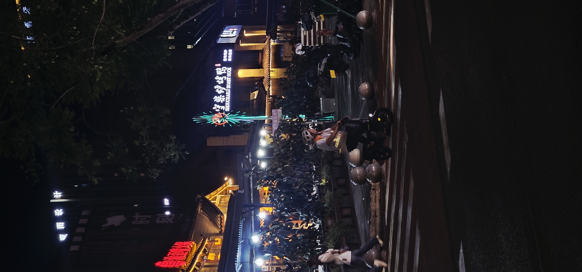 At night, on a pedestrian crossing in the Chongqing High-tech Zone, China, a person wearing a helmet and a reflective vest rides an electric scooter. To the left, a person walks across the pedestrian crossing. In the background, illuminated signs adorn commercial buildings, including one that reads "SHOUCHAILU ROAST DUCK." A tree with dark foliage is positioned in the upper right of the frame.
