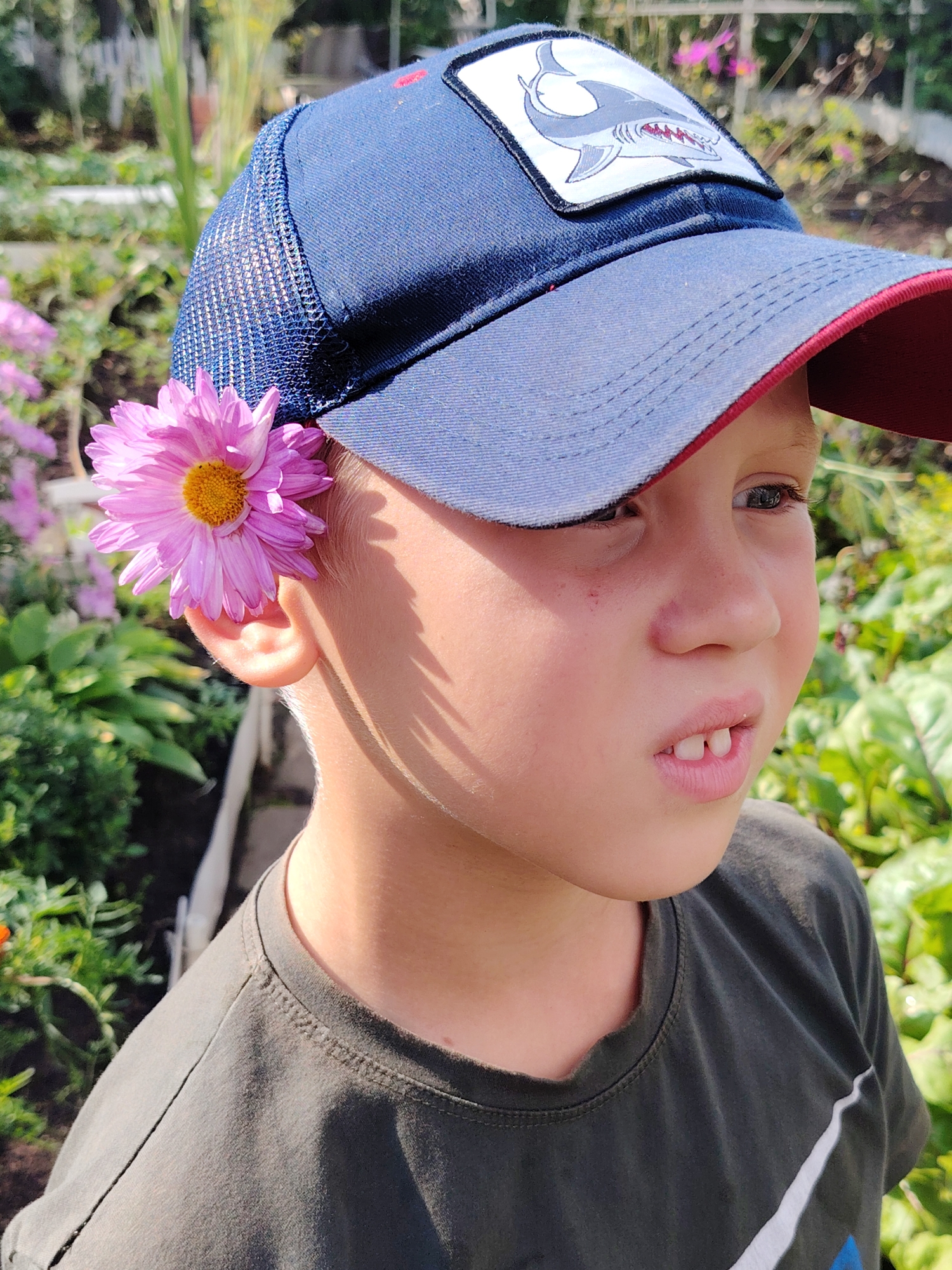 This is a close-up, head-and-shoulders shot of a young Caucasian boy wearing a dark green t-shirt and a blue trucker hat with a shark patch. A pink daisy is tucked behind his right ear. The boy is looking to his right, with his mouth slightly open, revealing two front teeth. His skin is fair and he has light-colored eyelashes. The background is blurred and appears to be a garden or outdoor setting with green foliage and some pink flowers. Sunlight casts shadows on the boy's face. The image does not contain any specific identifiable landmarks or elements that would allow for a precise location within the city of Chaikovsky, Russia.