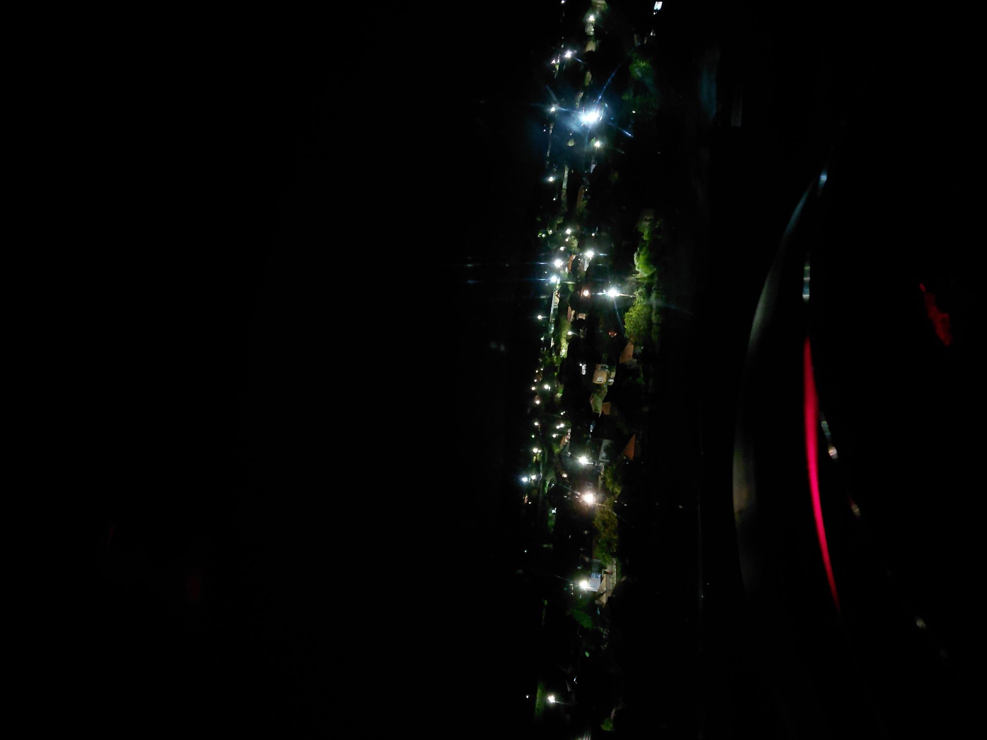 The image shows an extremely dark night scene, with a narrow strip of illuminated features running vertically along the right side of the frame. This strip appears to be a street, possibly in Dositeevo, Bulgaria, lit by scattered streetlights. The lights suggest the presence of buildings and vegetation along the street. A blurry, curved object with a red stripe is visible on the extreme right side of the frame, possibly a part of a vehicle. The left side of the frame is almost completely dark.