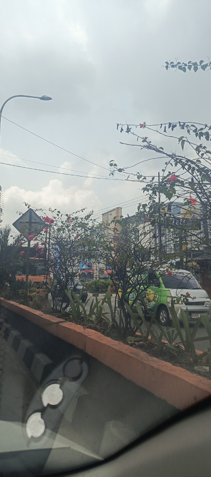 The image shows a view from inside a vehicle in Sukaresmi, Indonesia, looking out at a street scene. The foreground is dominated by the interior of the car, with a blurry reflection on the windshield showing part of the dashboard and what appear to be cup holders.
Outside the car, a road is visible with a raised median strip planted with green foliage and flowering bushes with small red-pink flowers. The median strip has an orange-painted curb. A white van with green and yellow graphics on its side is parked on the right side of the road. The license plate is partially visible and reads "B 2834". A street lamp with a light fixture painted in rainbow colors is positioned on the left side of the street, above overhead wires. Behind the street lamp and median, there are several multi-story buildings, some with cream-colored facades and others with darker accents, suggesting an urban or commercial area. The sky is overcast with diffuse light. There are no people clearly visible in the image. The overall impression is a somewhat hazy, daytime view of a street in Indonesia.