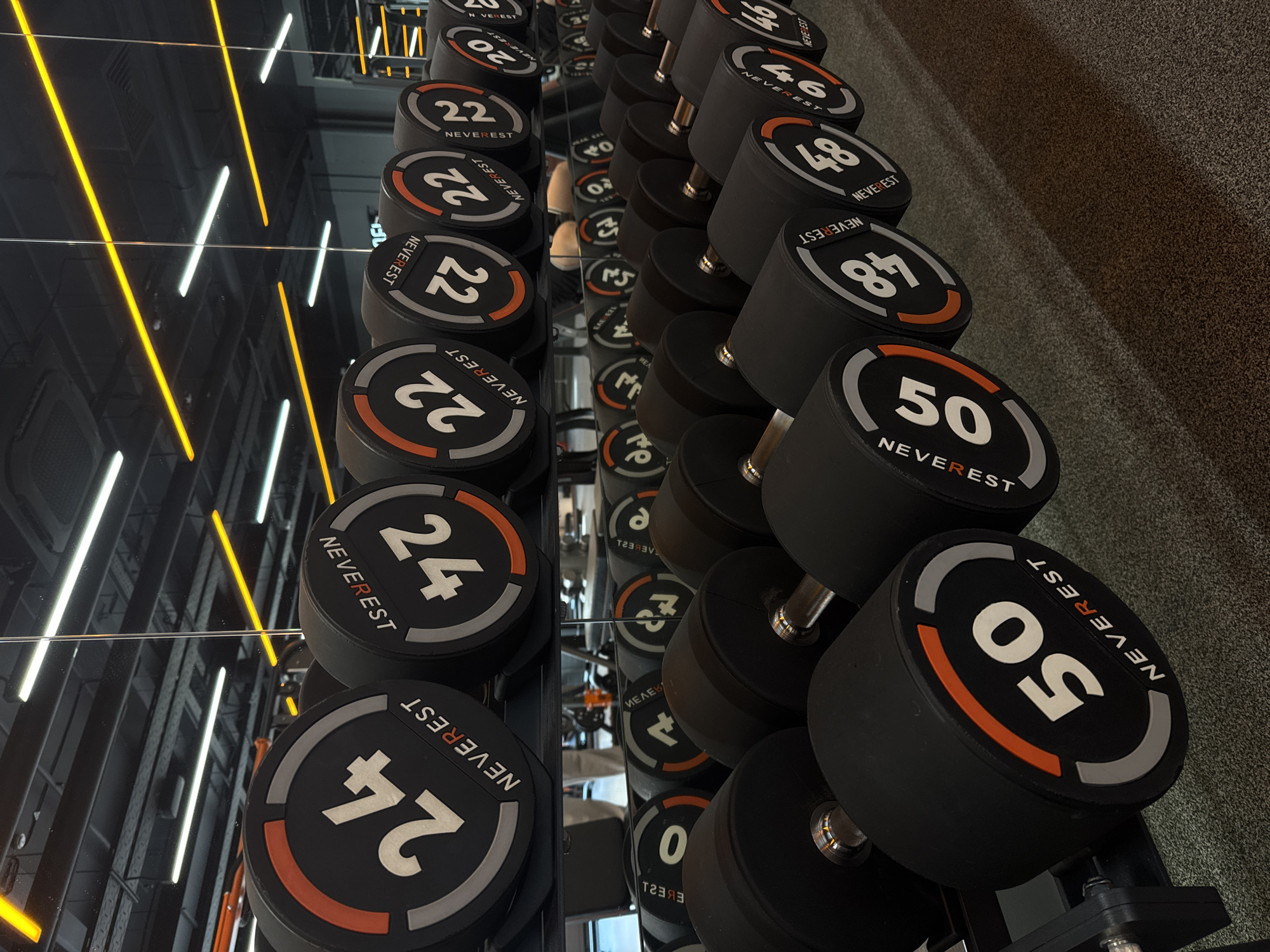 The image depicts a rack of black dumbbells in a gym setting. The dumbbells range in weight, with labels indicating weights of 22, 24, 46, 48, and 50. The brand name "NEVEREST" is prominently displayed on each dumbbell. The background shows mirrored reflections of lights and gym equipment, suggesting a modern gym environment. The scene is orderly and well-lit, with dumbbells neatly arranged on the rack. The location cannot be determined from the image.