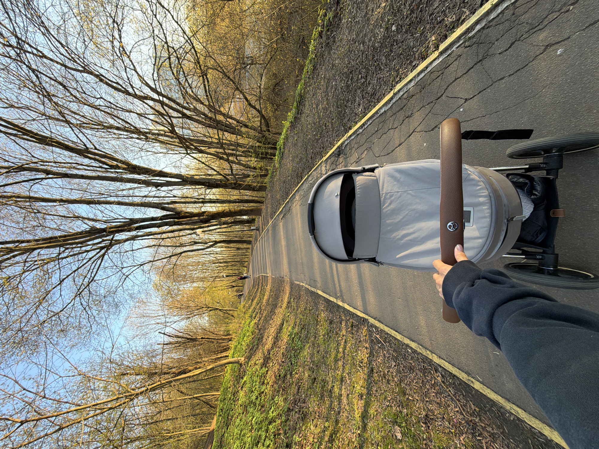 Here is a description of the image:
The photograph shows a person pushing a stroller on a paved path in what appears to be a park or green space. The path is bordered by trees and vegetation. The stroller is light gray with a brown handle and black accents. The person pushing the stroller is wearing a dark-colored long-sleeved garment. The time of day appears to be late afternoon or early morning, as evidenced by the low angle of the sun. The photograph was taken in Khimki, Russia.