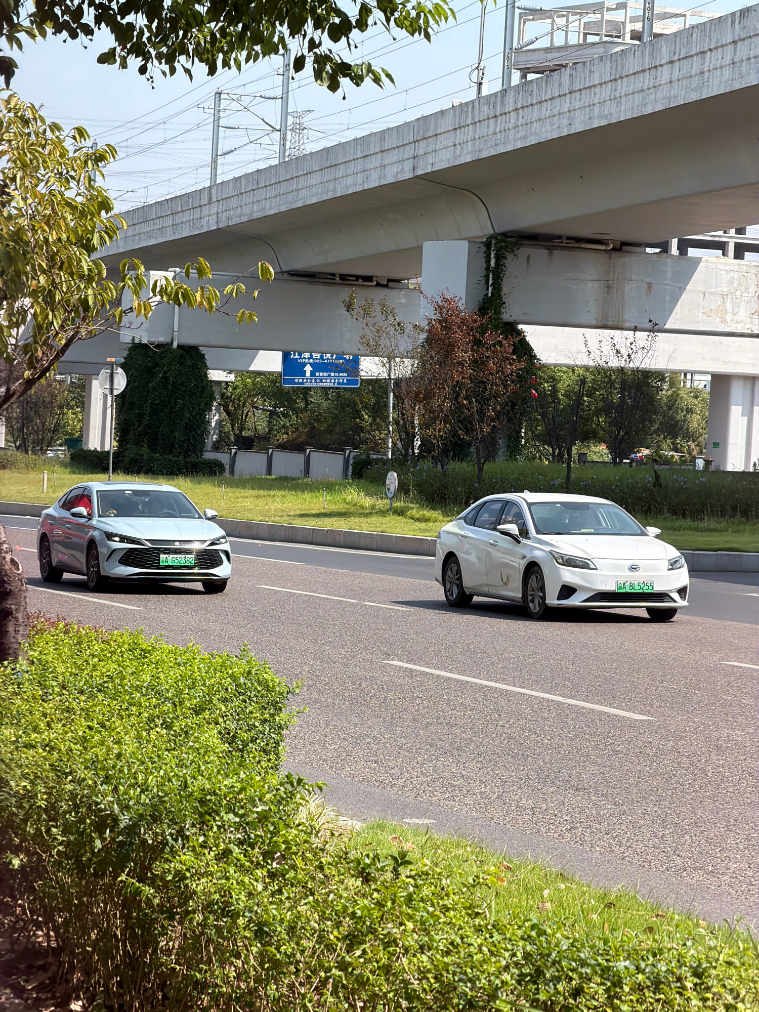 In Jiangjin, China, on a sunny day, a light blue sedan with license plate "A 652382" drives on the right lane of a multi-lane asphalt road. In the adjacent lane to its right, a white sedan with license plate "A-BL5255" is also traveling. Both vehicles are moving in the same direction. Overhead, a large concrete overpass supports elevated train tracks, with power lines and support structures visible. Green trees and bushes line the roadside, with a patch of manicured green lawn and a dense green hedge in the foreground. A blue directional sign is mounted on a pole near the overpass. The overall scene depicts urban traffic infrastructure in a suburban or semi-urban environment.