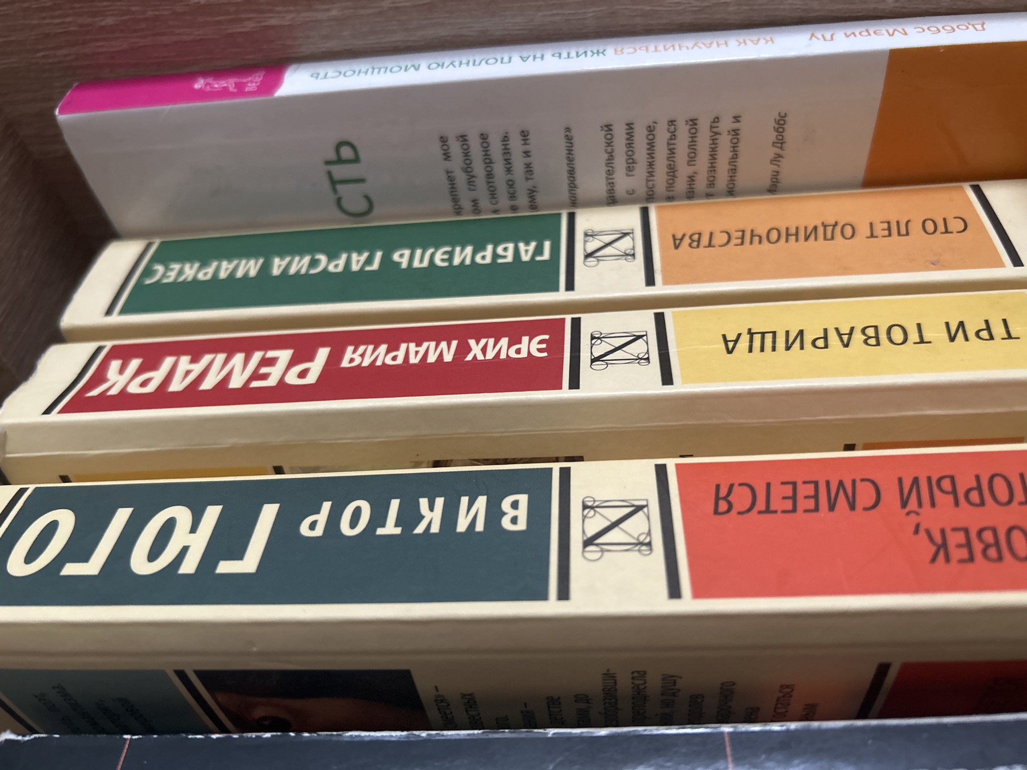 The image shows a close-up of a bookshelf with several books. The books are arranged vertically, and their spines are visible. The titles and authors are predominantly in Russian, with some Latin script also present.
Specifically, the visible books include:
- A book with "ВИКТОР ГЮГО" (Victor Hugo) on the spine, with a dark teal background and yellow lettering.
- A book with "ЭРИХ МАРИЯ РЕМАРК" (Erich Maria Remarque) on the spine, with a red background and white lettering.
- A book with "ГАБРИЭЛЬ ГАРСИА МАРКЕС" (Gabriel García Márquez) on the spine, with a dark green background and white lettering.
- A book with "СТО ЛЕТ ОДИНОЧЕСТВА" (One Hundred Years of Solitude) on the spine, with an orange background and white lettering.
- Another book with "ТРИ ТОВАРИЩА" (Three Comrades) on the spine, with a yellow background and white lettering.
- A book with the title partially visible, likely also in Russian.
The books are neatly arranged, and the bookshelf appears to be made of wood. The lighting suggests an indoor setting, likely a home or a library. There are no people or animals visible in the image. The image focuses solely on the book spines and a small portion of the shelf.
The request for the location in Saint Petersburg, Russia, cannot be fulfilled as the image provides no geographical markers or context that would allow for such a determination. The image is a close-up of books on a shelf and lacks any elements that indicate a specific city or location.