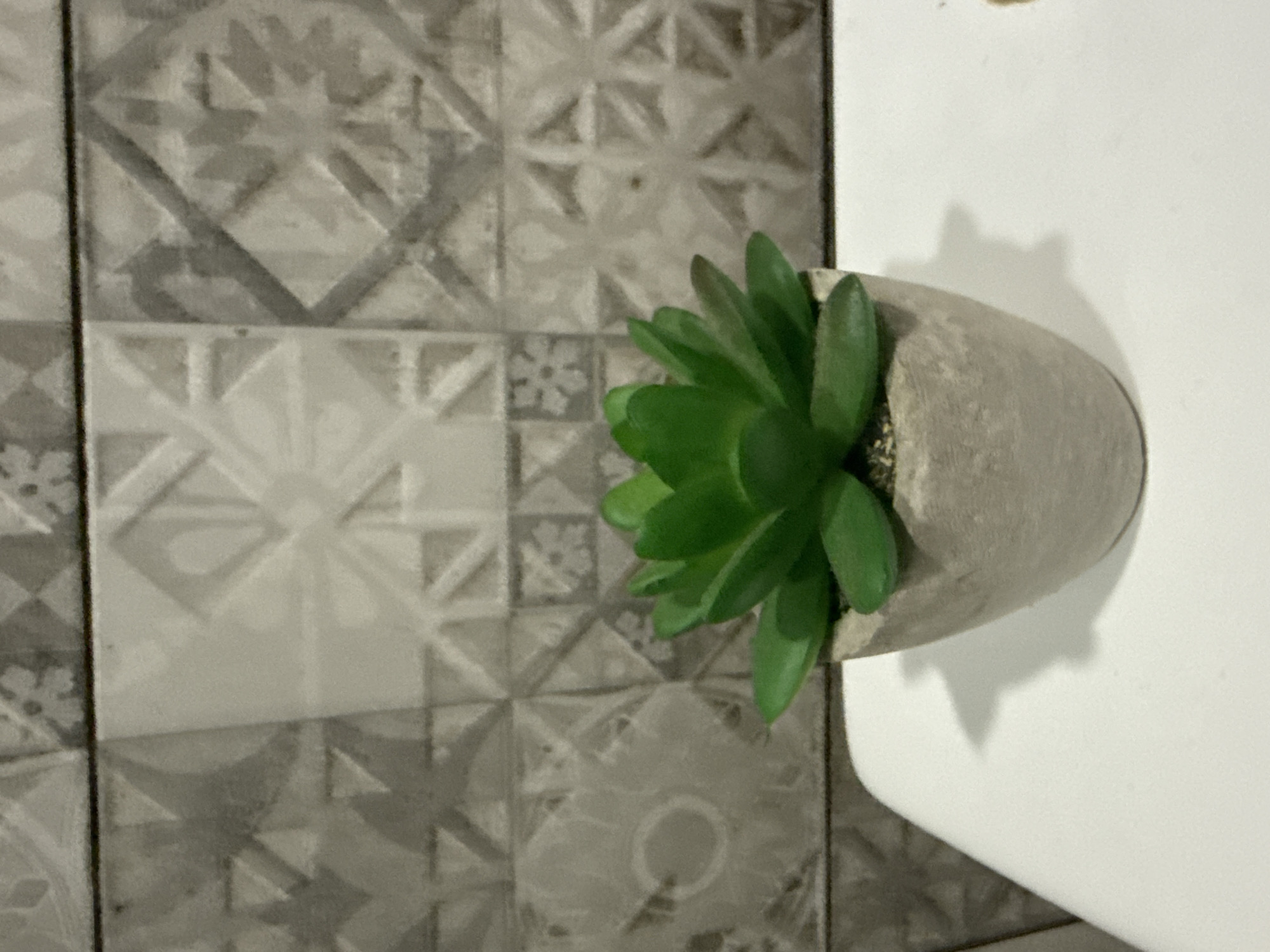 A close-up shot shows a small, artificial succulent plant in a gray, concrete-like pot, placed on a white surface. The plant has vibrant green leaves. Behind the plant, a wall with a patterned tile design is visible. The tiles are primarily gray with a geometric, somewhat distressed pattern. The lighting casts a shadow of the plant pot onto the white surface. There are no people or animals present in the image. The location is not discernible from the image itself, and therefore it cannot be identified as being in Tbilisi, Georgia.