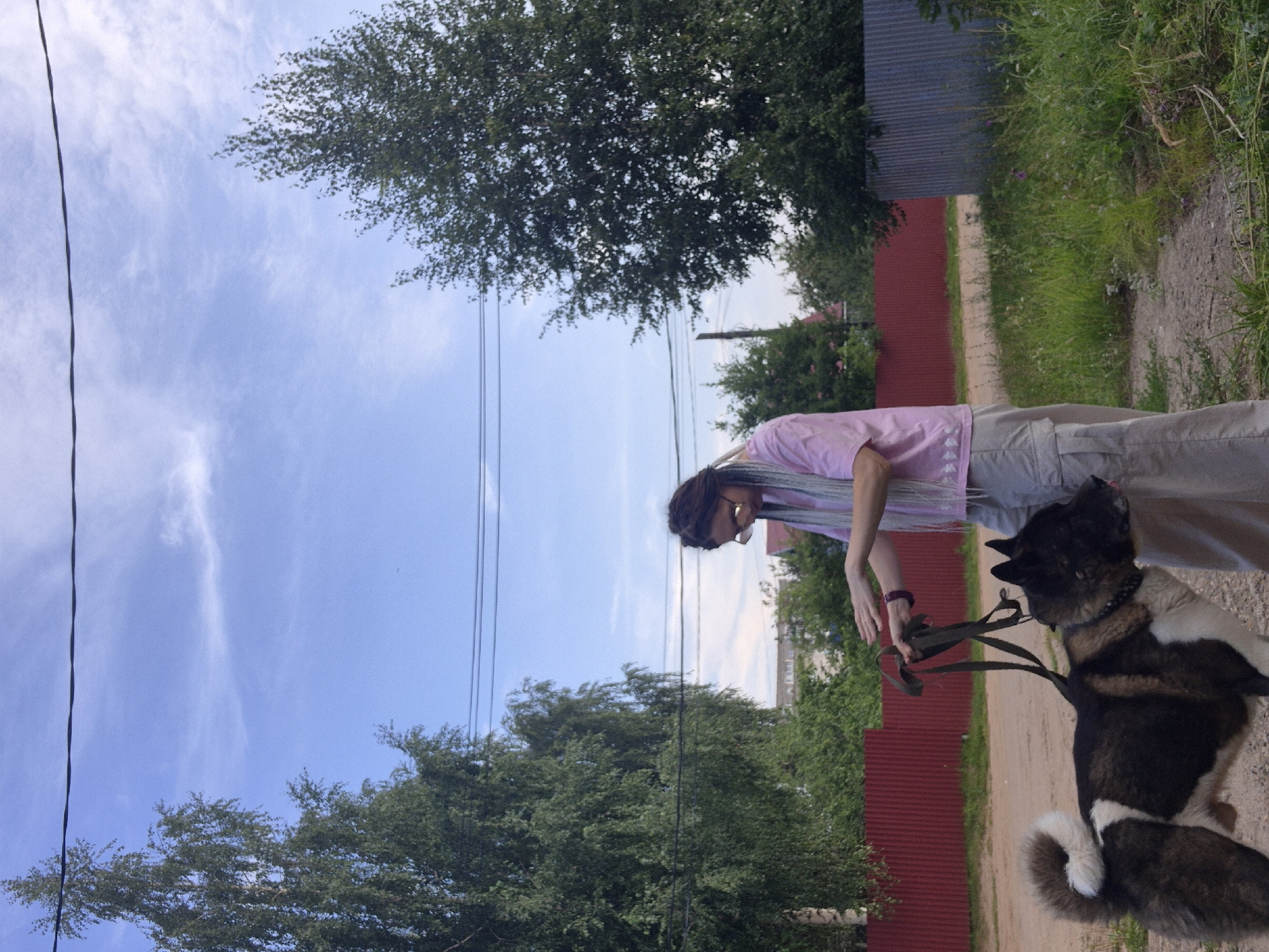 A person with grey braids and glasses, wearing a pink t-shirt and light-colored cargo pants, stands on a dirt path holding a black and tan Akita dog on a leash. The dog has a white tail and chest. In the background, there is a red metal fence, a grey corrugated metal fence, green trees, and houses. The sky is blue with some white clouds.