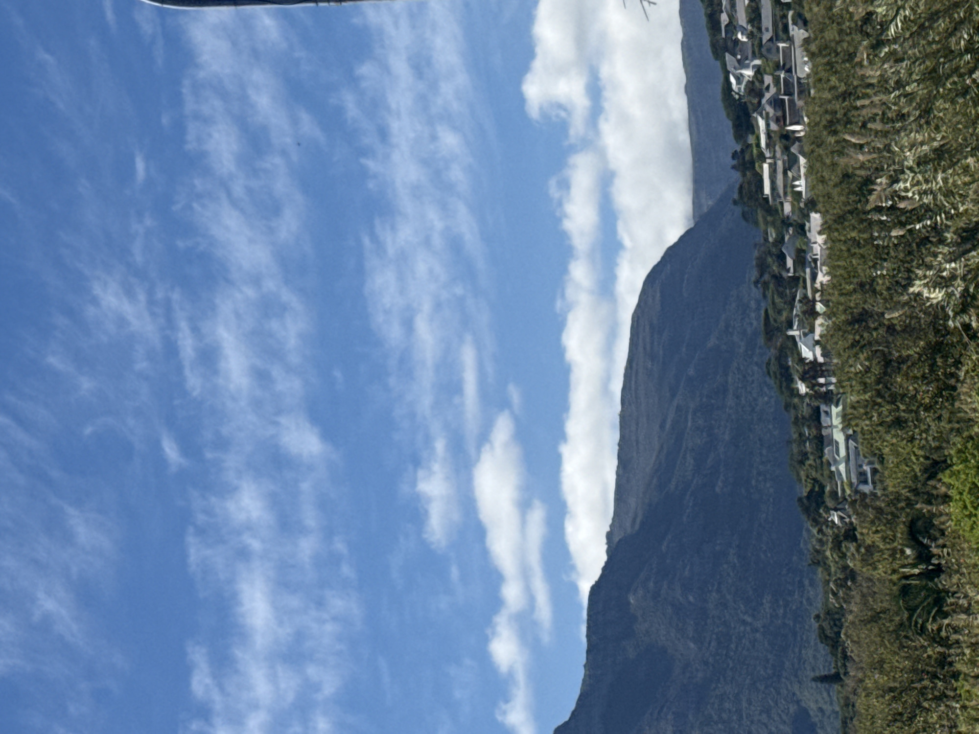 A rotated view reveals a mountain range alongside a community of houses nestled within lush greenery, contrasted by a sky dotted with cirrus clouds, likely taken in Hout Bay, South Africa.