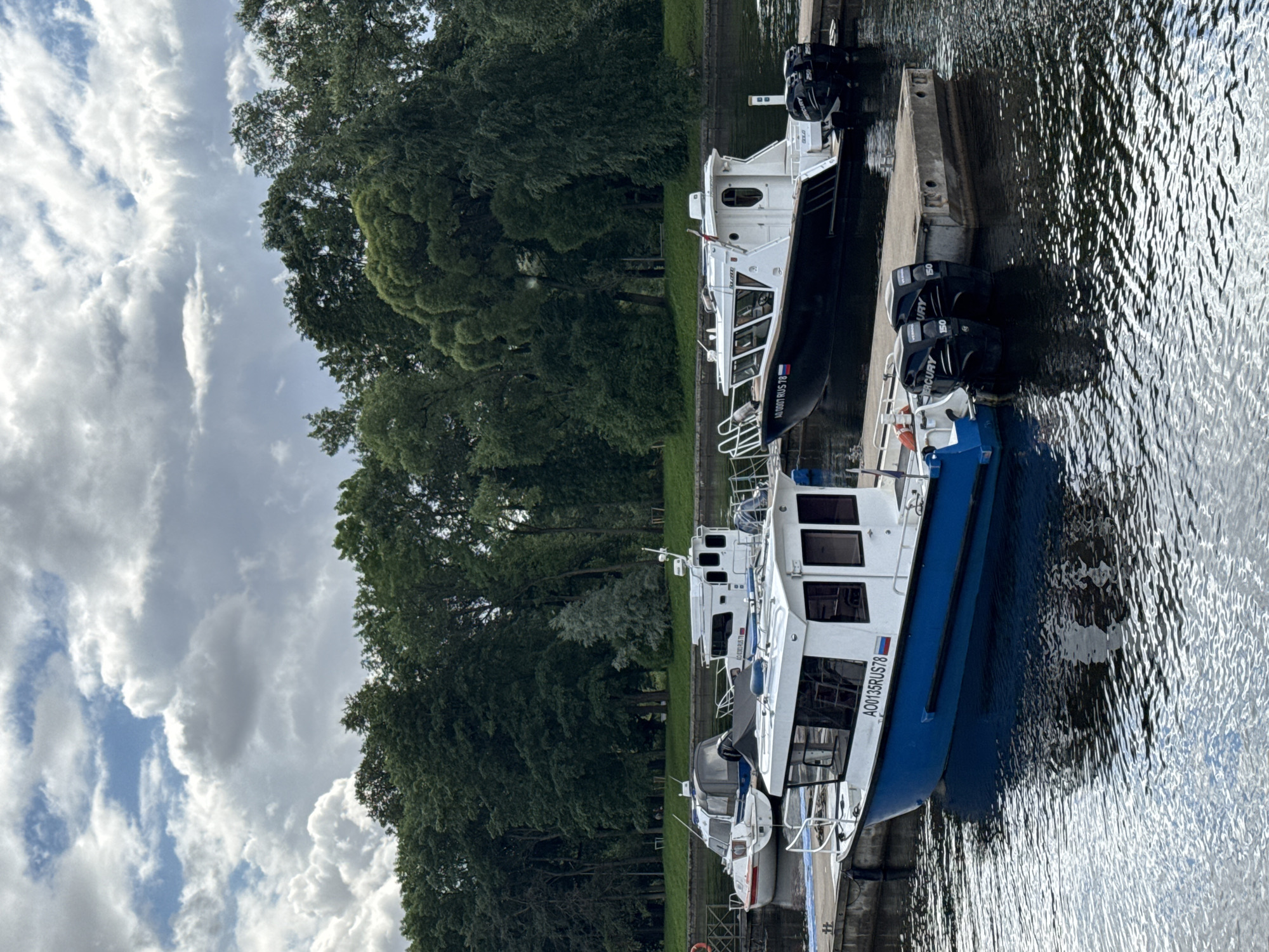 The image depicts a marina in Saint Petersburg, Russia, with several boats docked on a calm body of water. In the foreground, a blue and white boat with twin Mercury outboard motors is prominently featured. To its left, a smaller white boat with a grey canopy is docked. Further to the right, a larger white boat with a dark hull and twin outboard motors is also moored. The background consists of lush green trees and a cloudy sky. The overall scene is serene and suggests a day at a waterfront recreational area.