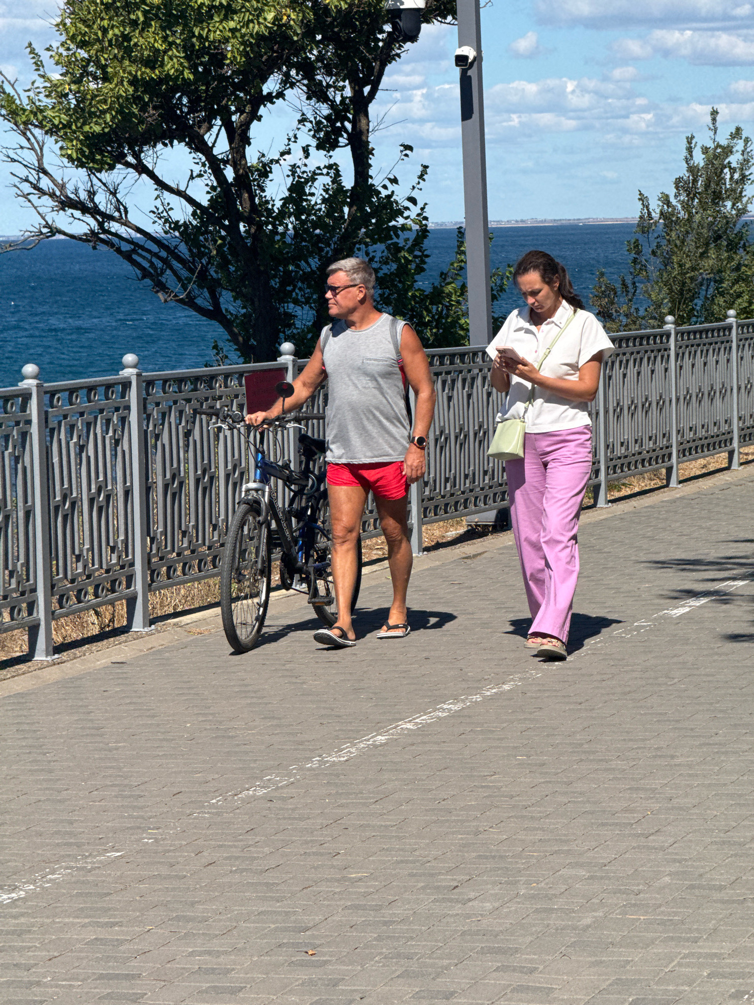 Two people are walking on a paved pathway beside a metal railing with the sea in the background. On the left, a man with gray hair and sunglasses is walking a bicycle. He is wearing a grey tank top and red shorts. On the right, a woman is walking and looking at her phone. She is wearing a white polo shirt and pink trousers, and carrying a light green purse. The sun is shining, suggesting it is daytime. The scene appears to be a promenade or walkway in a coastal area, possibly Anapa, Russia, given the context. The water is blue, and there are trees and some clouds in the sky. There is no visible text in the image.