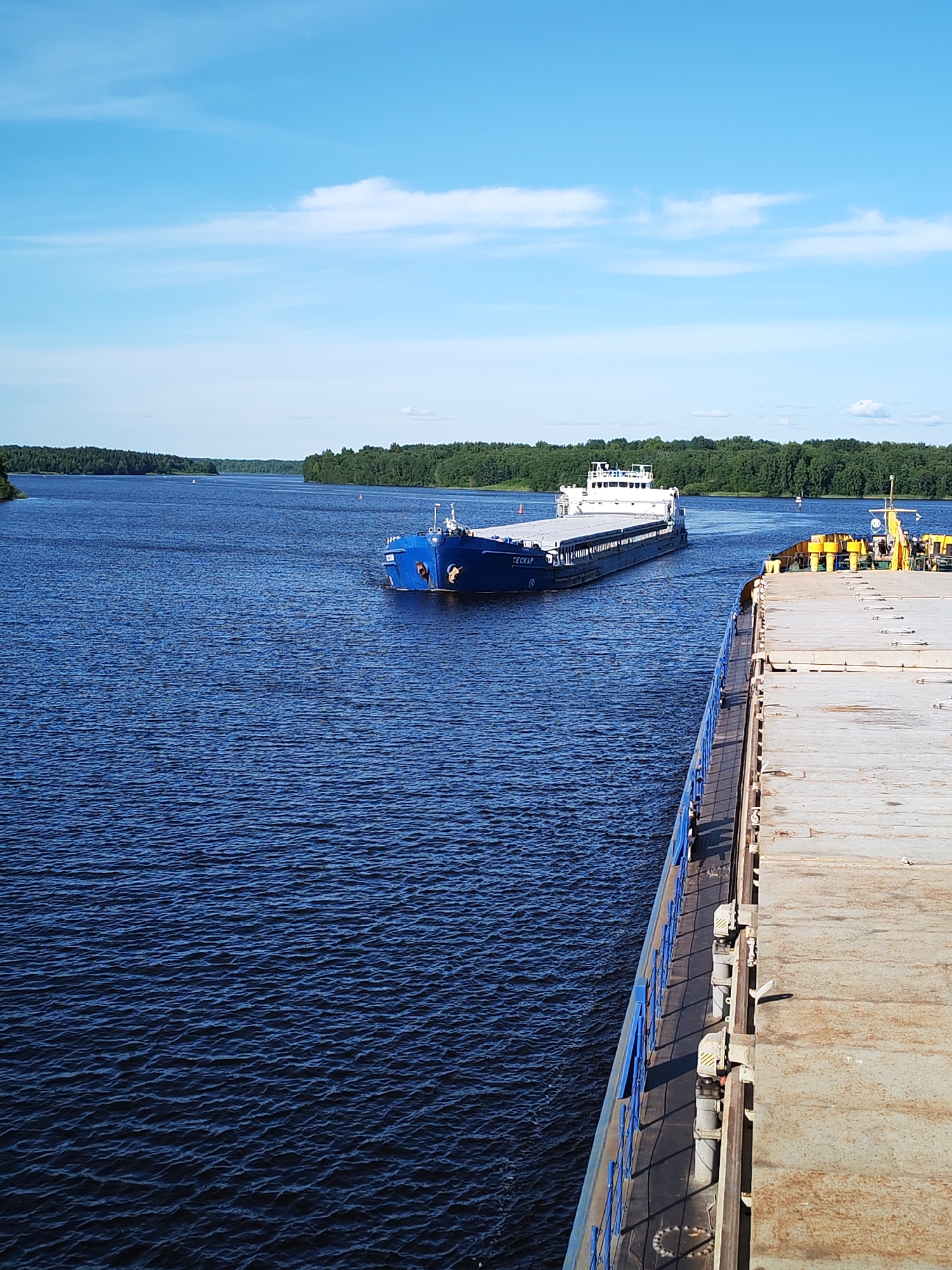 The image depicts a bright, sunny day on a wide river in Nova, Russia. The water is a deep blue and shows small ripples, indicating a gentle breeze. The scene is dominated by two barges. In the foreground, a large, flat-top barge occupies the right side of the frame, its weathered deck stretching towards the viewer. A blue railing runs along its left edge, separating it from the water.
In the mid-ground, a second, larger barge is sailing away from the viewer. This barge is dark blue and appears to be carrying a superstructure or cargo area towards the stern. The name "ГЕCKAP" is clearly visible in white lettering on the side of this barge.
The riverbanks are lined with dense, dark green forest, suggesting a natural, undeveloped landscape. The sky is a vibrant blue, with scattered, wispy white clouds adding depth to the scene. The lighting indicates it is likely midday, given the bright sun and clear visibility. The overall atmosphere is one of peaceful navigation on a calm summer day. There are no people visible in the image.