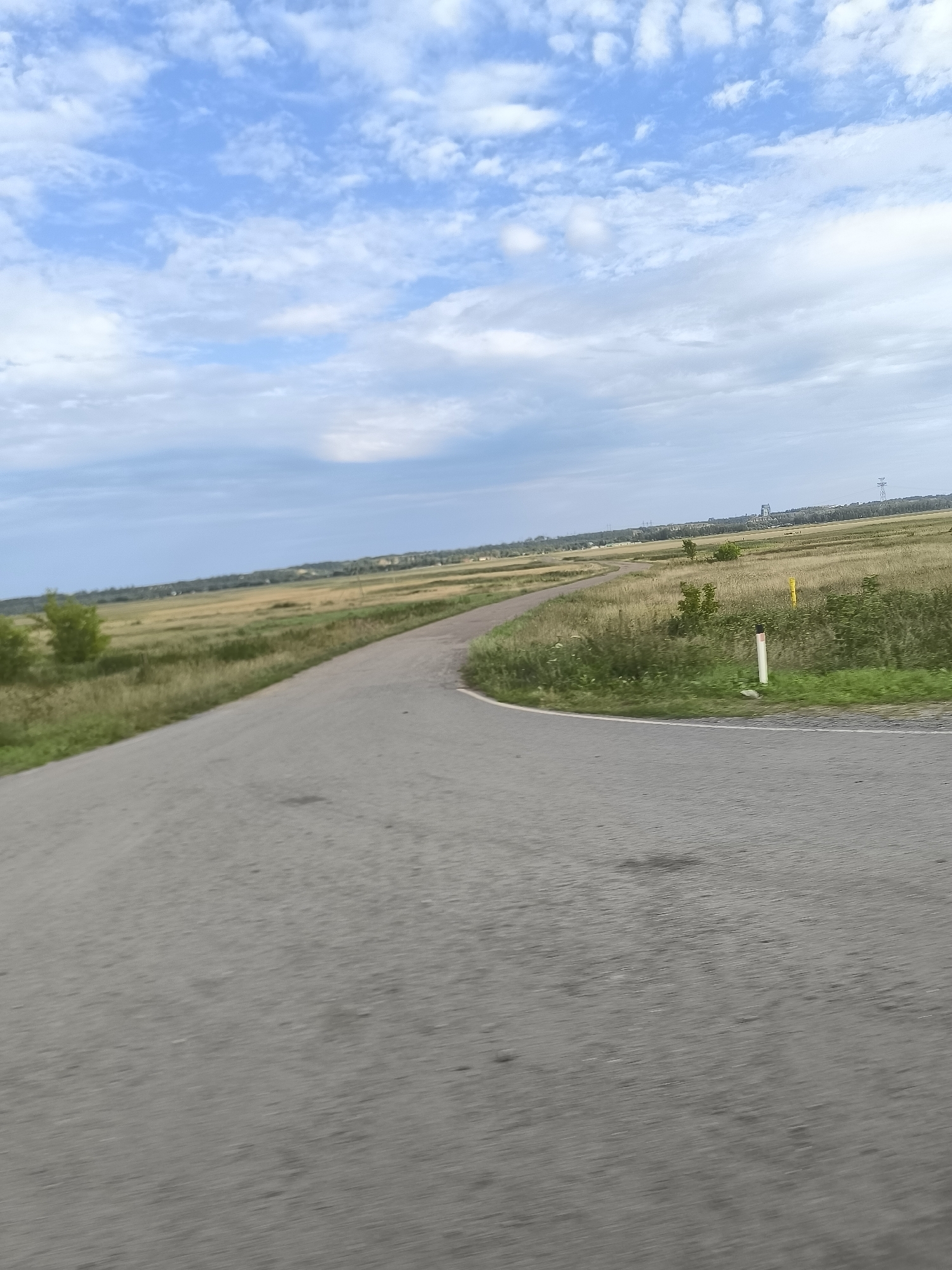 An outdoor, medium shot captures a paved road winding through a grassy field under a partly cloudy sky. The road is the dominant foreground element, with its grey asphalt texture blurred by motion, suggesting it's a view from a moving vehicle. The field is a mix of green grass and dry, golden vegetation, with a few scattered trees. In the background, the landscape extends to a distant horizon with a line of trees and structures, including what appears to be a tall electrical pylon. A yellow road marker is visible along the right side of the road. The sky is a soft blue with scattered white clouds. The scene appears to be in a rural or suburban setting outside of a city.