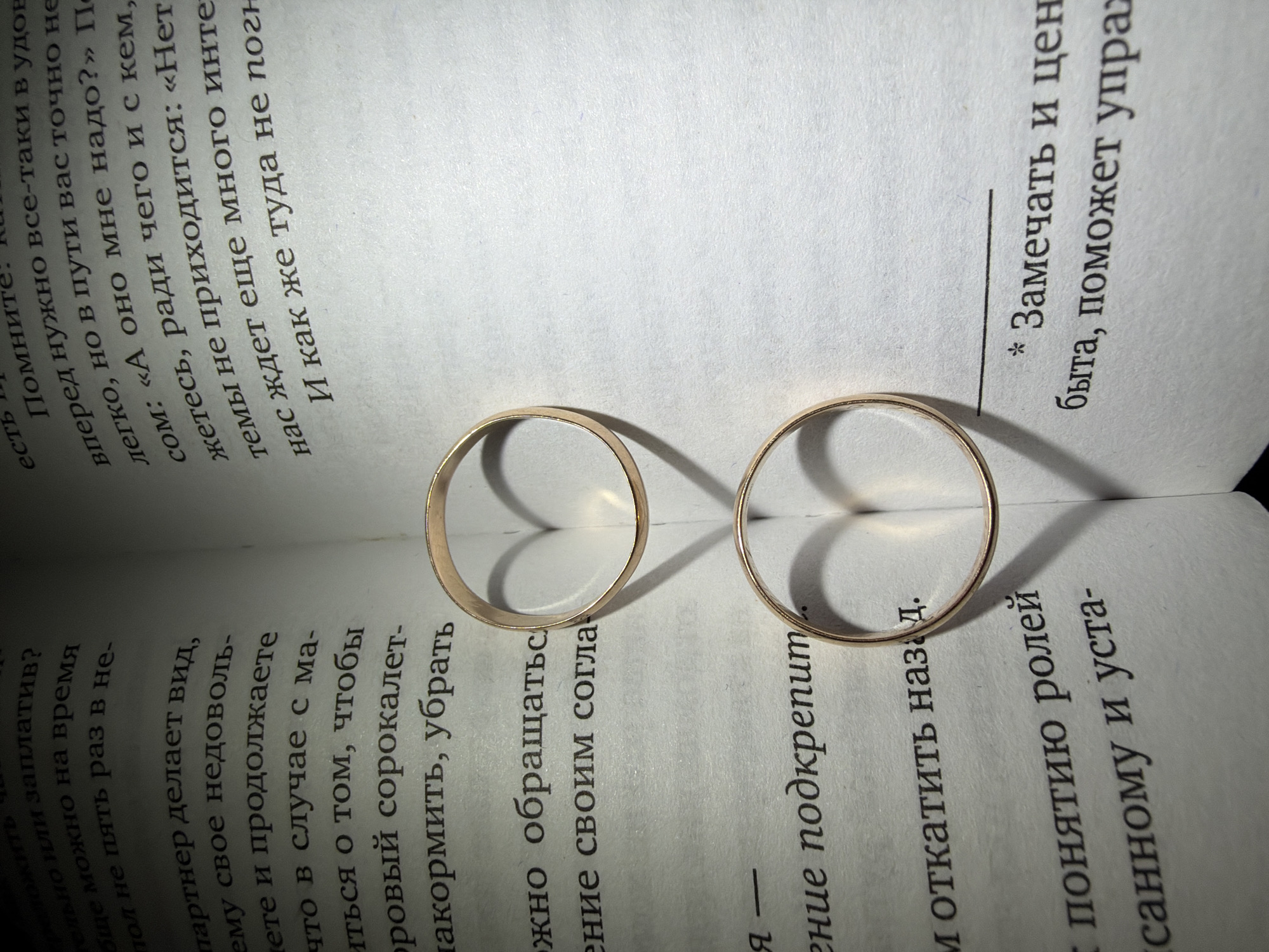 The image displays two simple, polished gold rings resting on the open pages of a book written in Cyrillic script. The rings are positioned close together in the lower central part of the frame, casting distinct shadows. A notable detail is the heart-shaped shadow formed between the two rings, suggesting a romantic or committed context.
The book's pages are off-white with black text, and the image is captured from a slightly elevated, oblique angle. There are no people visible, and the scene is a still life. The lighting appears to be indoor, likely from an artificial source or indirect natural light, highlighting the metallic sheen of the rings and the texture of the paper.
The visible Russian text discusses themes related to relationships, self-reflection, and daily life. Phrases on the left page include parts about a "partner" and "discontent," while the right page features questions like "Do I need it?" and mentions "the concept of roles" and the need "to notice and appreciate everyday life" (Замечать и цен быта, поможет упра). Other snippets refer to "satisfaction," "the journey," and "what awaits us." The overall tone of the text, combined with the presence of the rings and the heart-shaped shadow, evokes themes of love, commitment, and personal introspection within a relationship context. The location of Chaikovsky, Russia, is not discernible from the visual cues in the image.