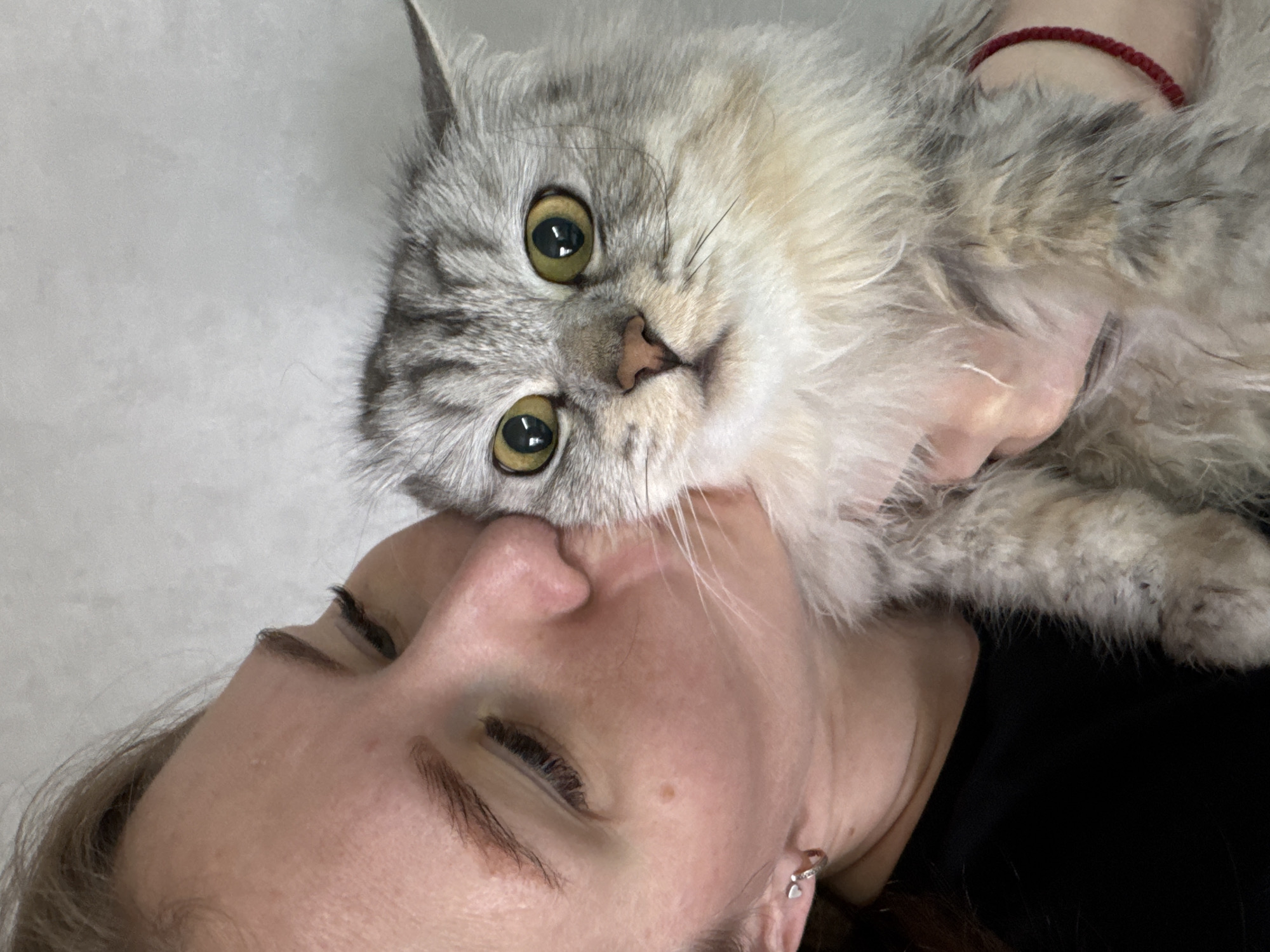 A woman is holding a grey and white cat close to her face. The cat is a fluffy breed with striking green eyes. The woman's eyes are closed, and she appears to be nuzzling the cat. They are indoors. There is no information to deduce anything about Gornyi.