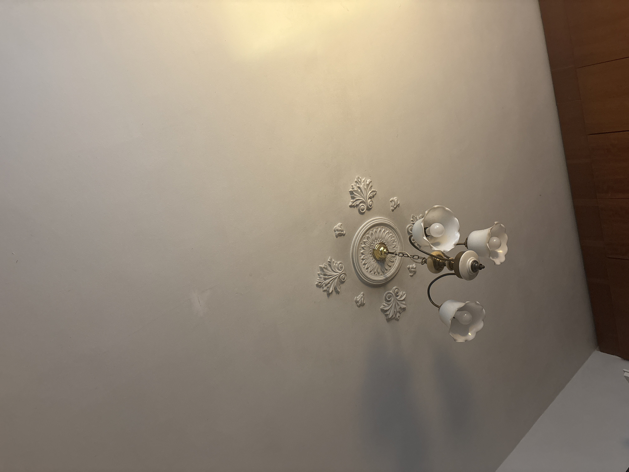 The image shows a ceiling with a chandelier and decorative plasterwork. The chandelier has four white tulip-shaped lamps and brass accents. The plasterwork is white and features a central rosette surrounded by floral motifs. The ceiling is white and shows some subtle texture. The lighting in the room appears to be warm, with a yellow glow on the right side of the image. Below the ceiling, the top of wooden cabinetry is visible. The scene is indoors, likely in a residential or commercial building. There are no people or animals present in the image. The location is identified as Sofia, Bulgaria.